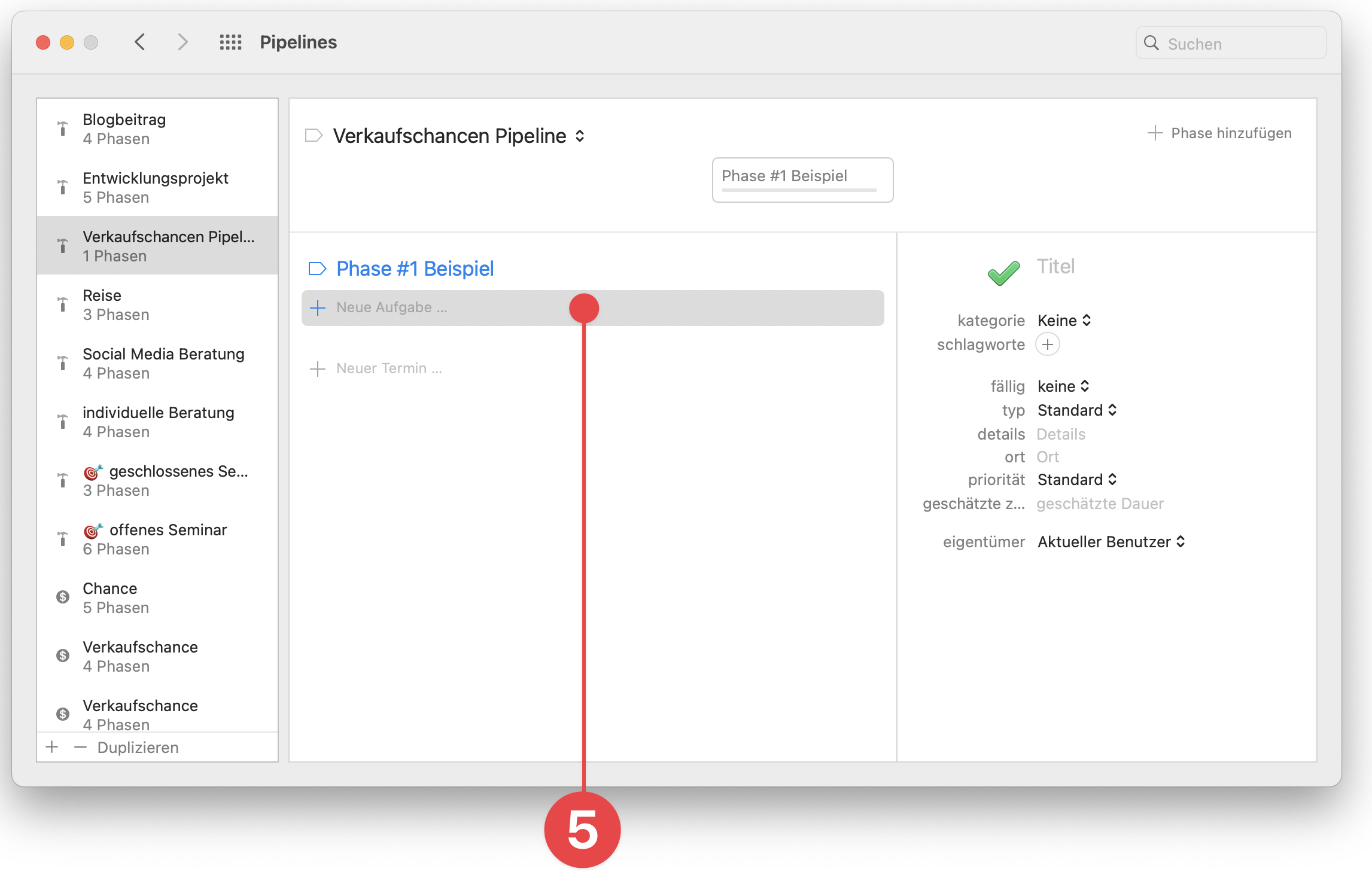 Pipelines Preferences window selecting New Task