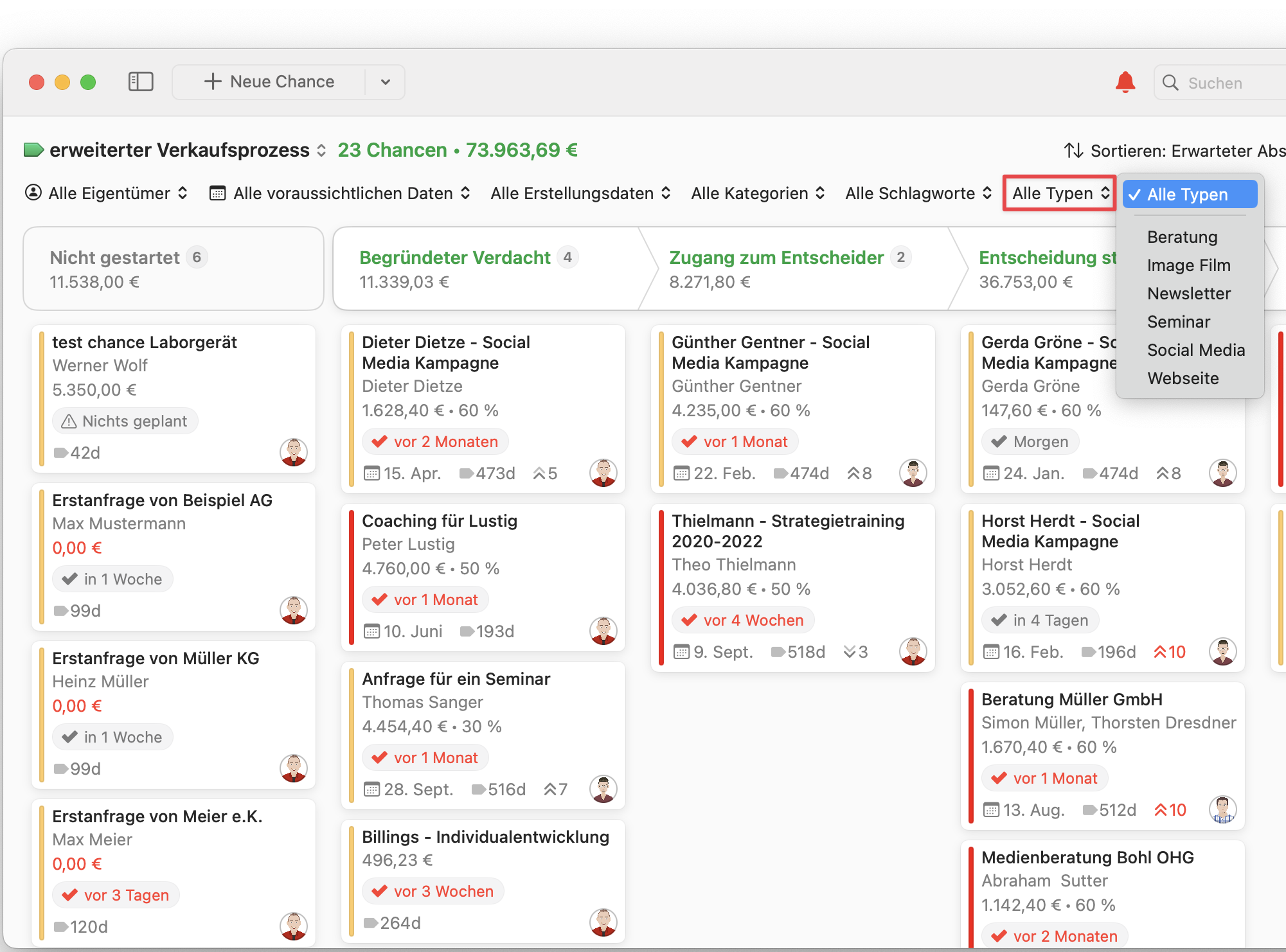 Opportunities Board showing type filter