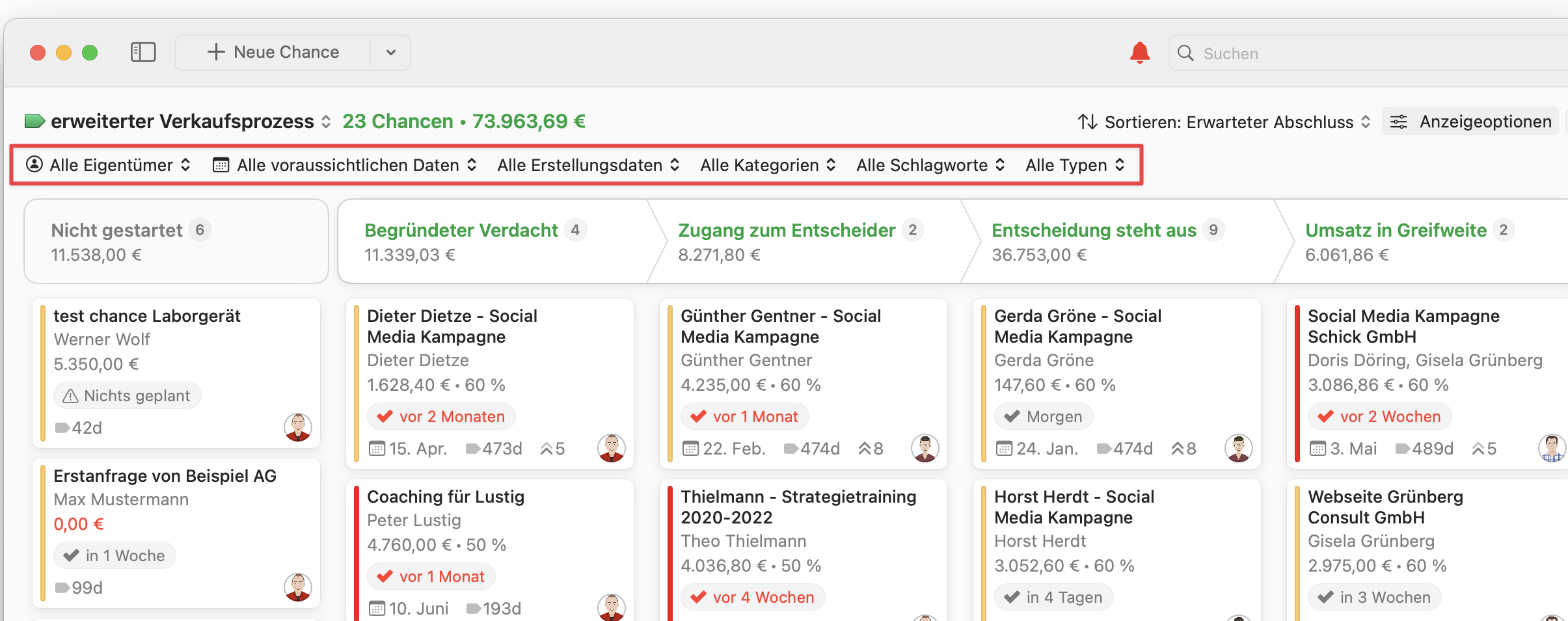 Opportunities Board showing filters