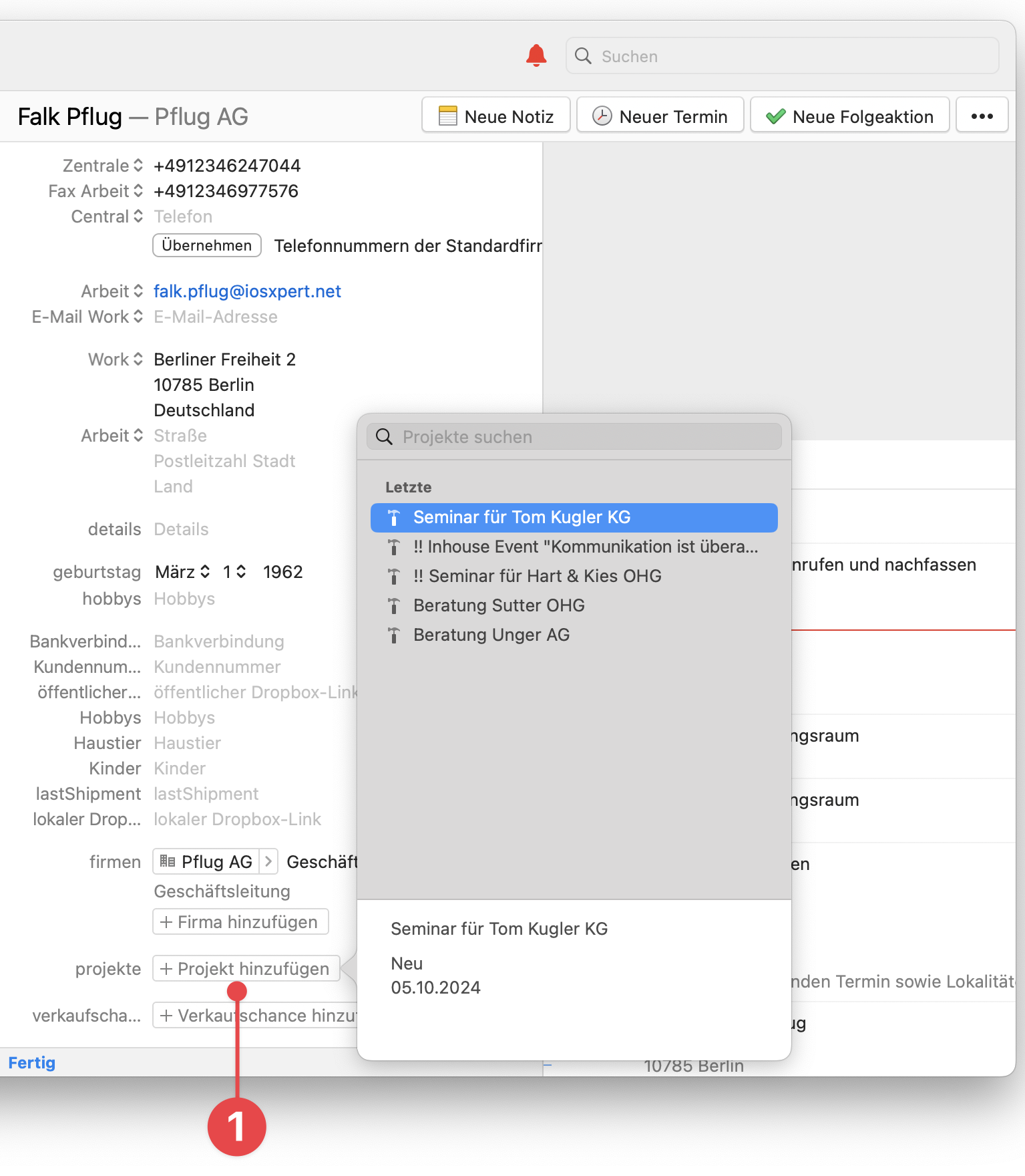 Contact Details pane showing Add Project