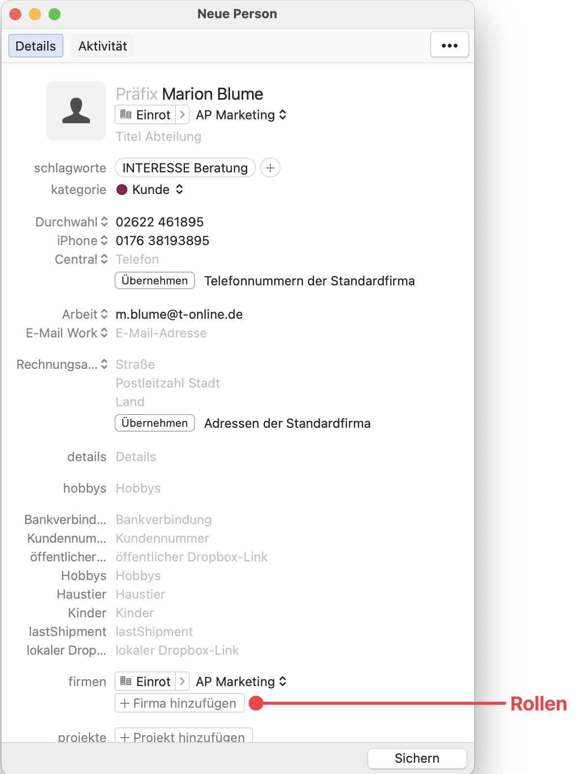 New Person Window showing Roles