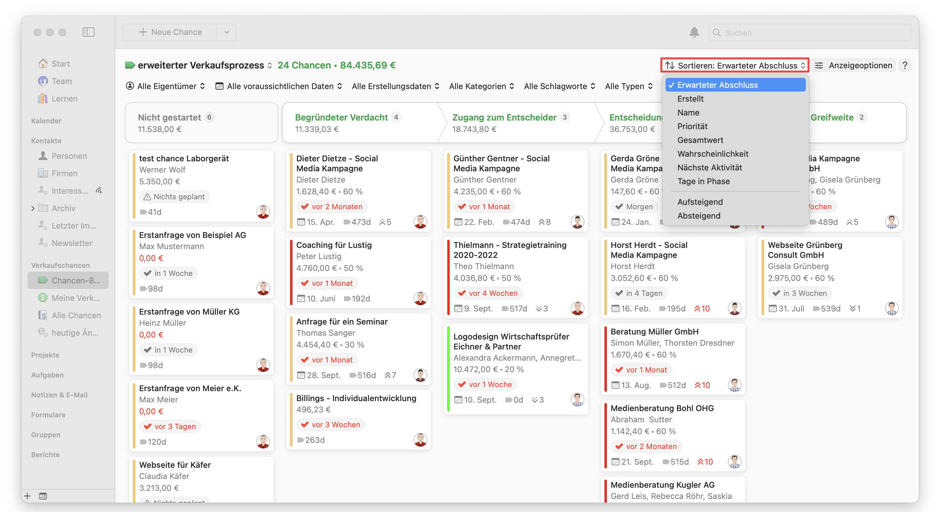 Opportunites Board showing Arranged By filter
