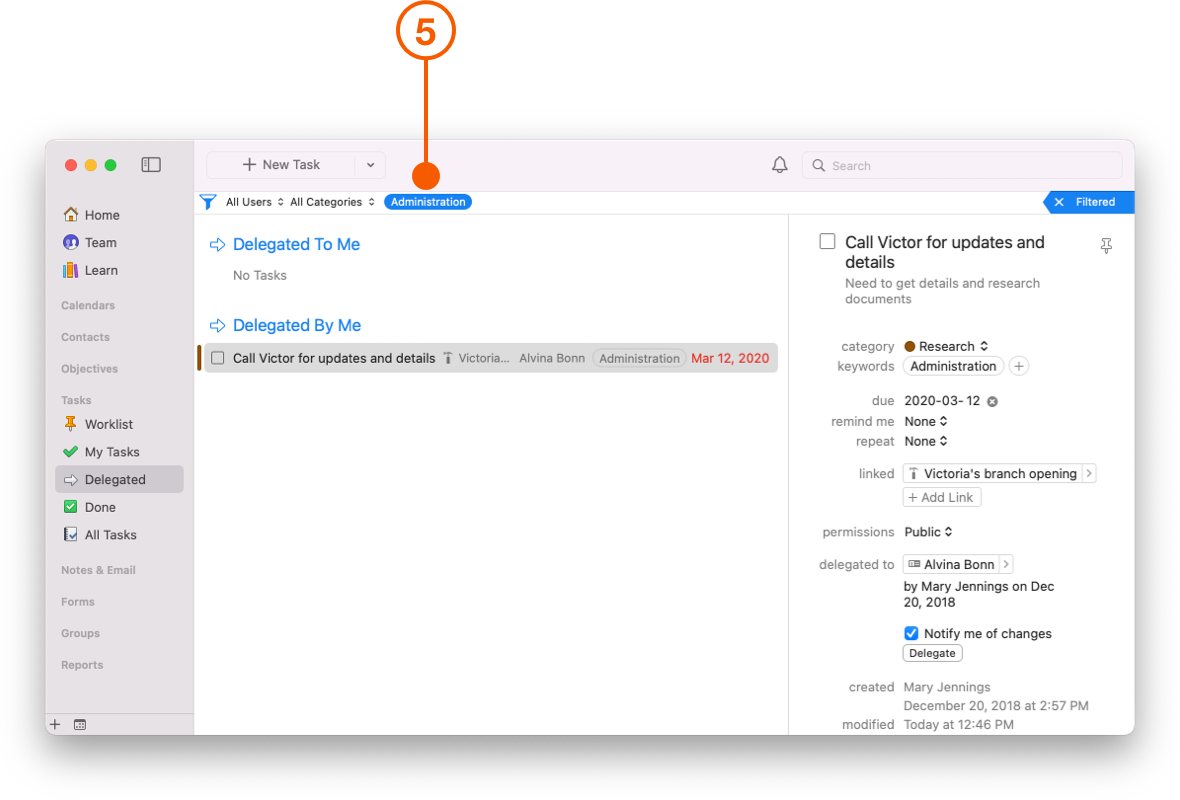 Delegated Task showing Filter Bar