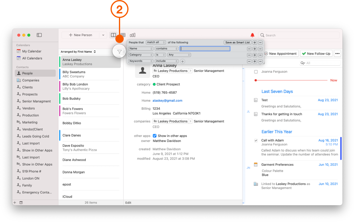 Daylite Contacts screen showing Filter Button and options