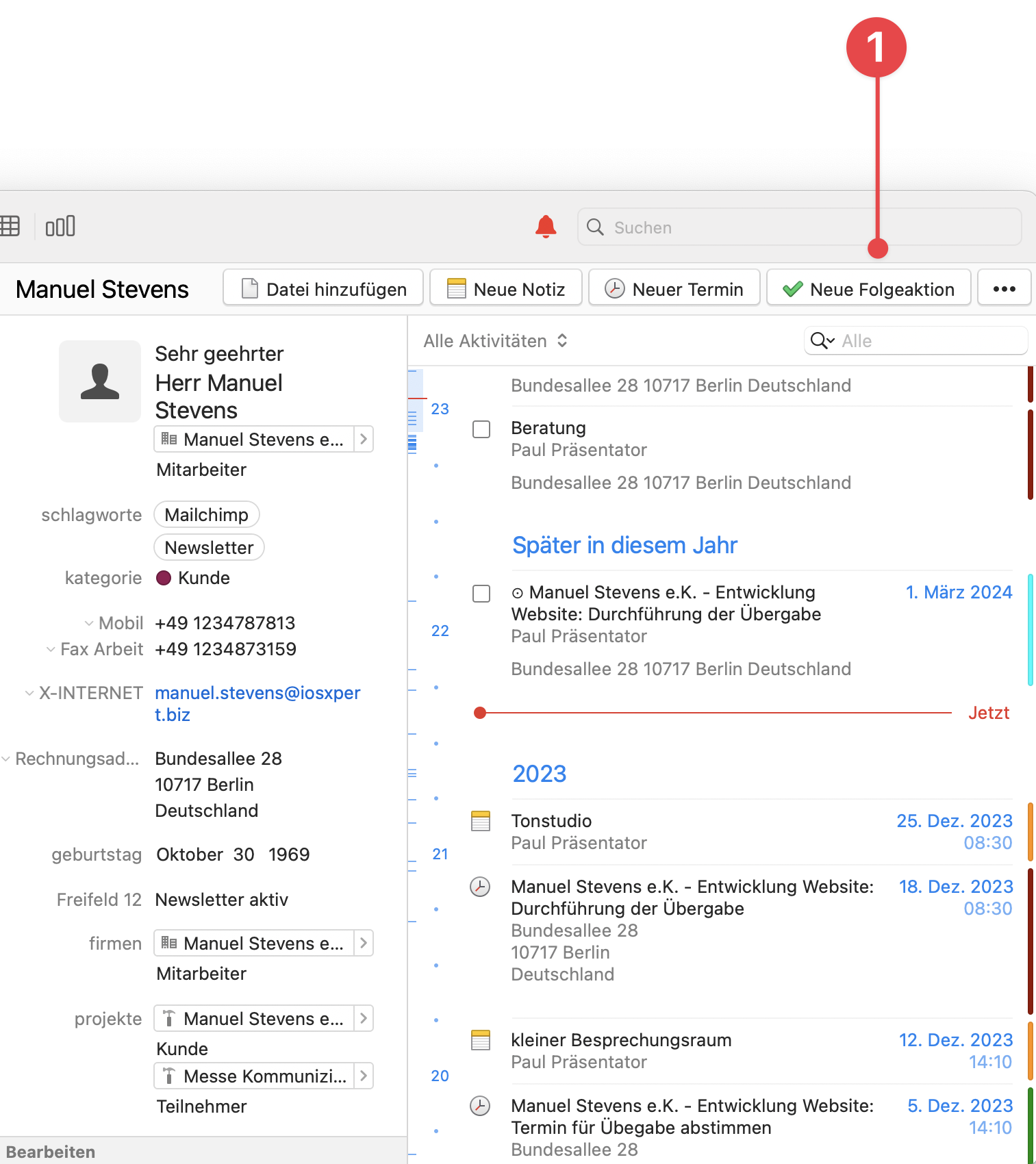 Daylite Screen showing New Follow-Up Button