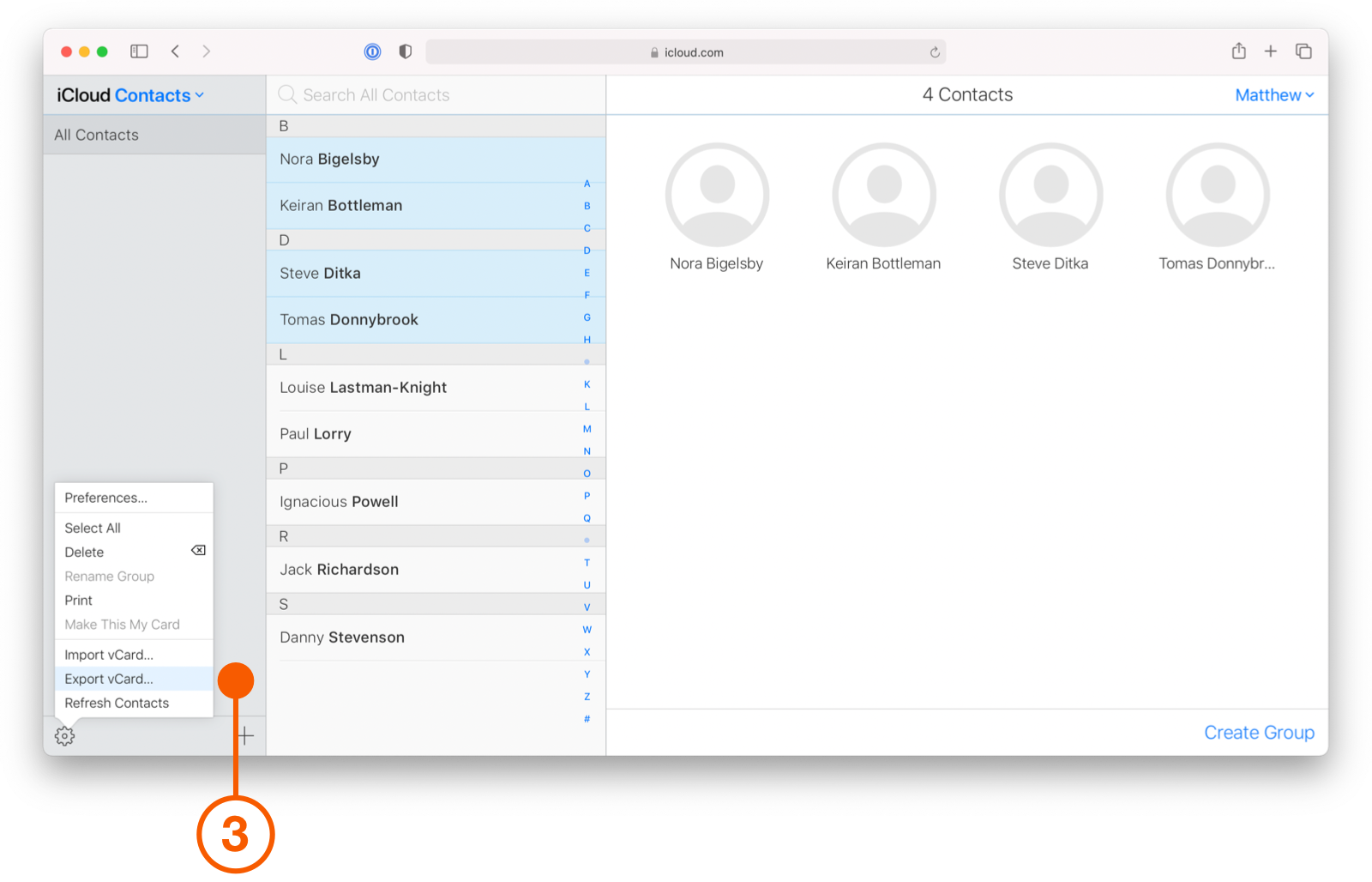 iCloud Contacts view selecting Export vCard