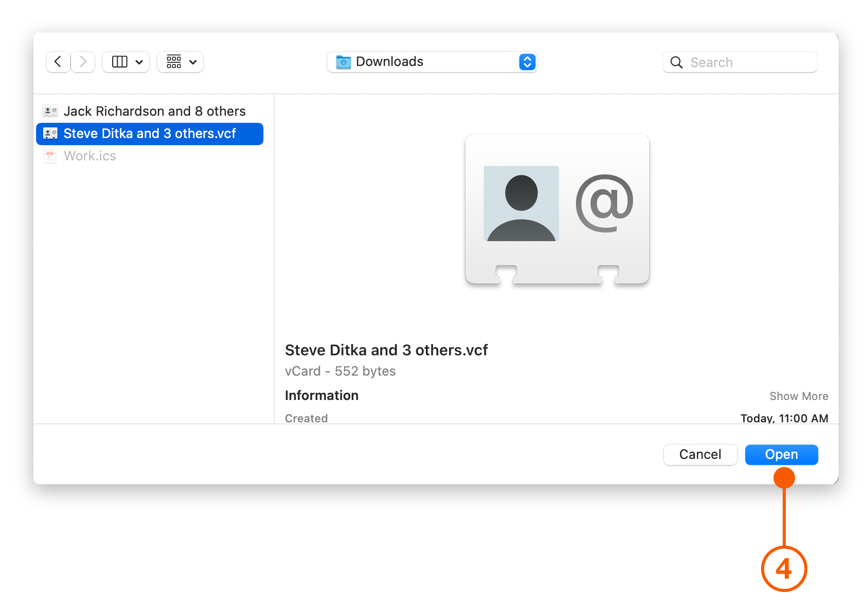 Open dialog selecting file in Downloads folder