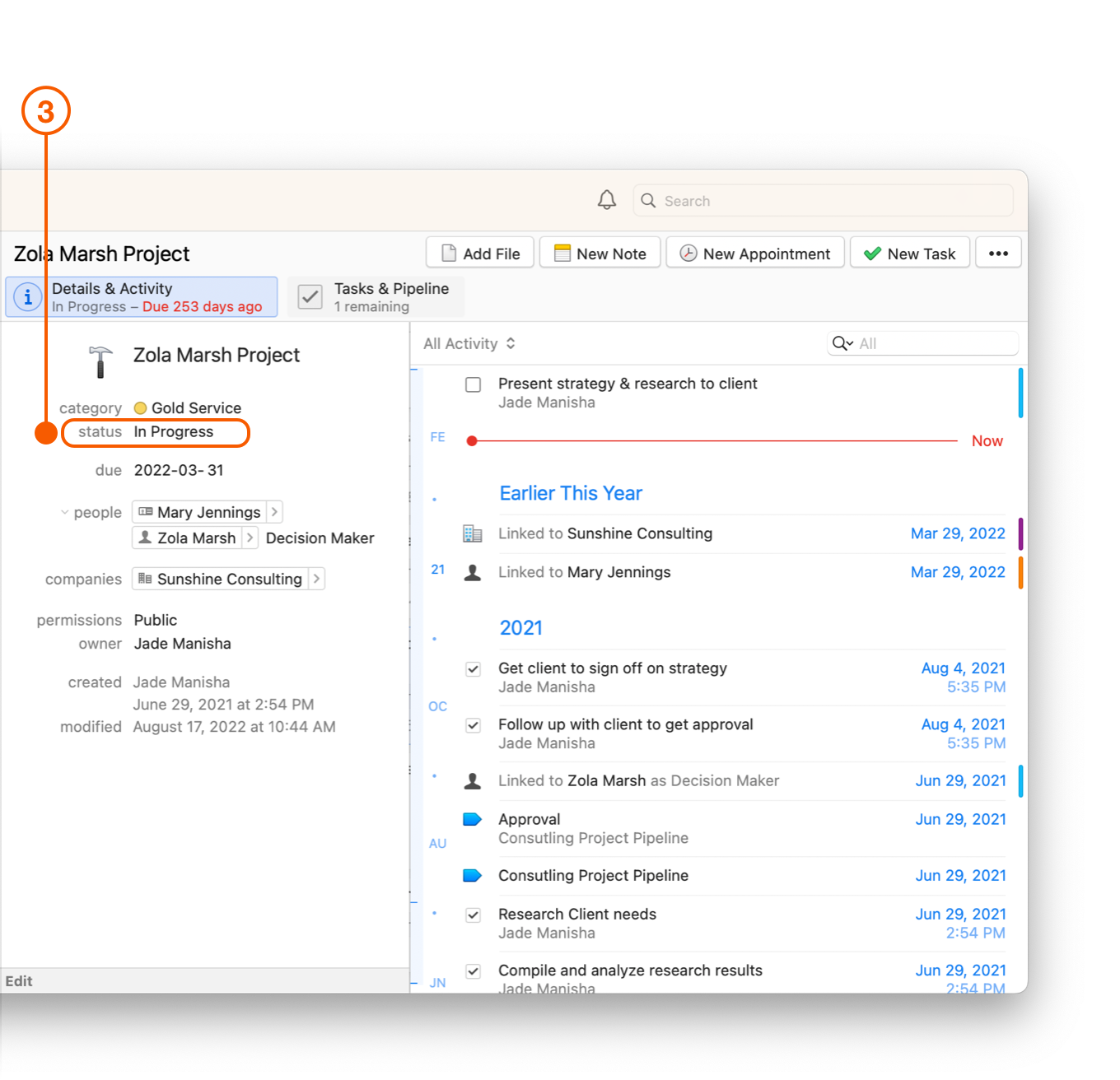 Projects window showing Details and Activity view