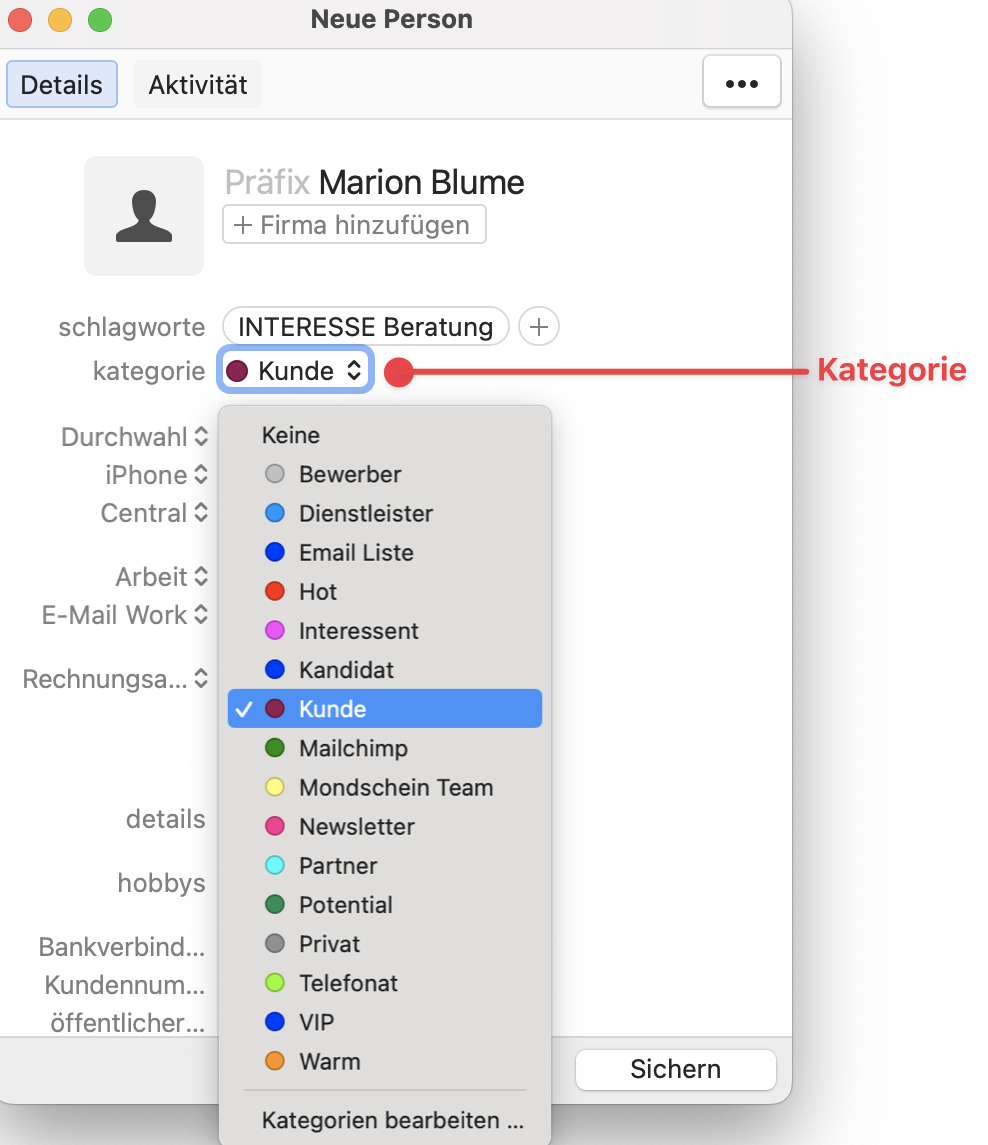 New Person window showing Category
