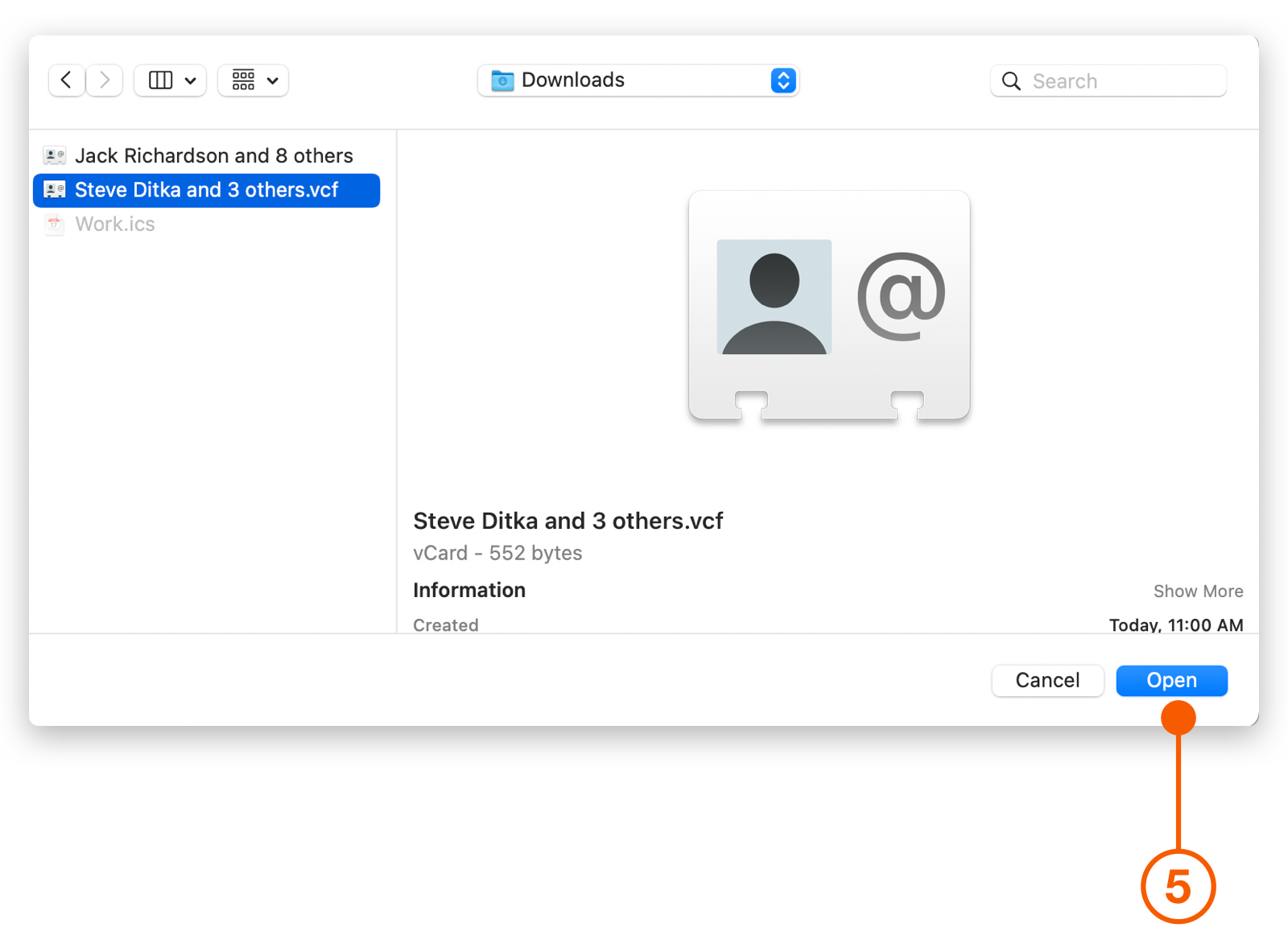 Open dialog selecting vCard in Downloads folder