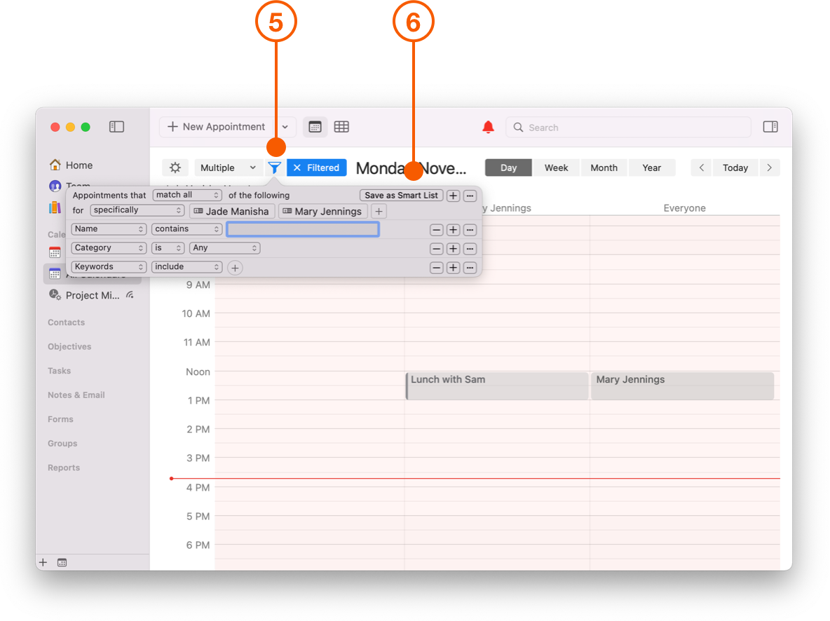 Calendar View showing filter options