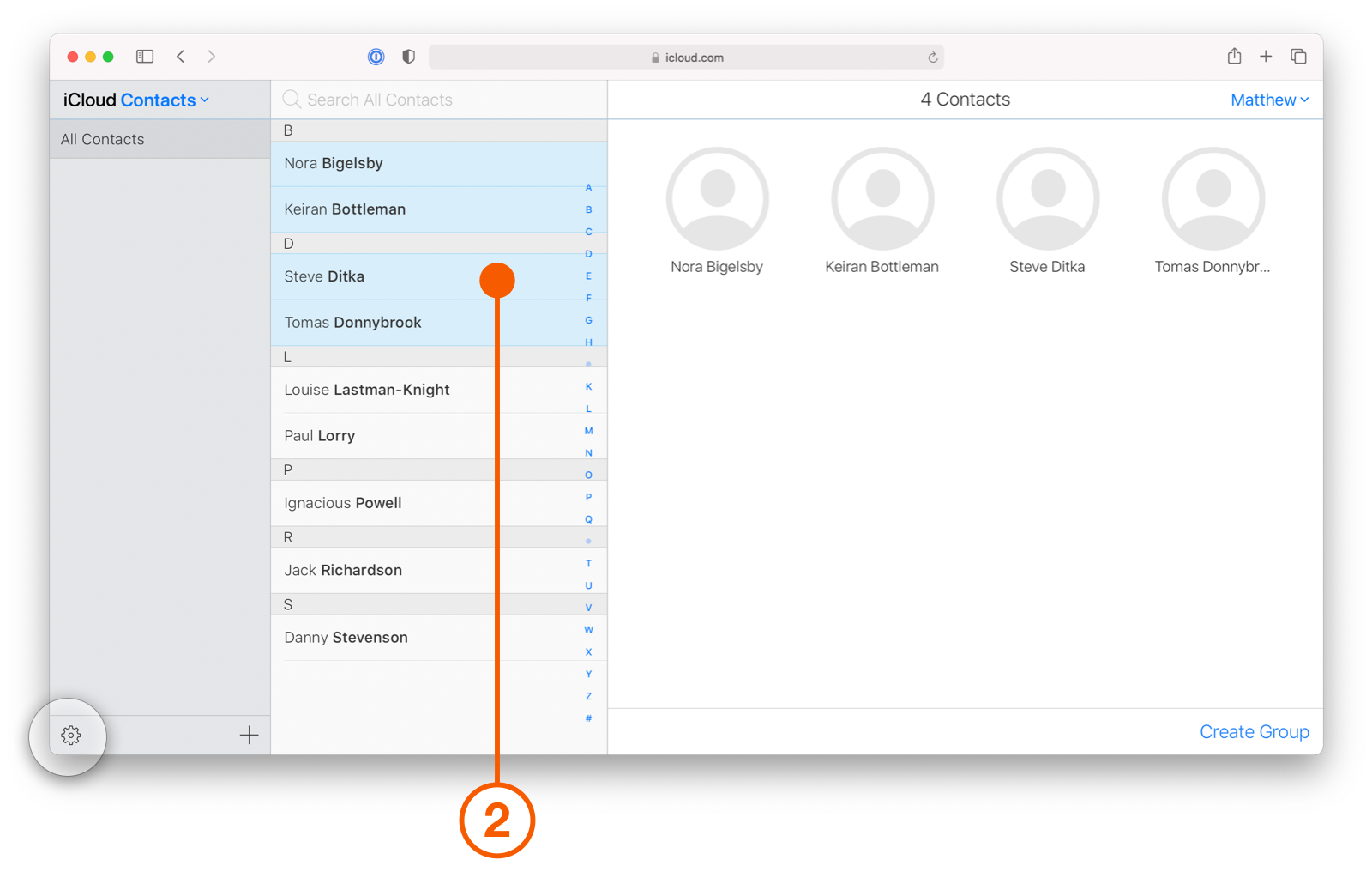 iCloud Contact view showing selected contacts
