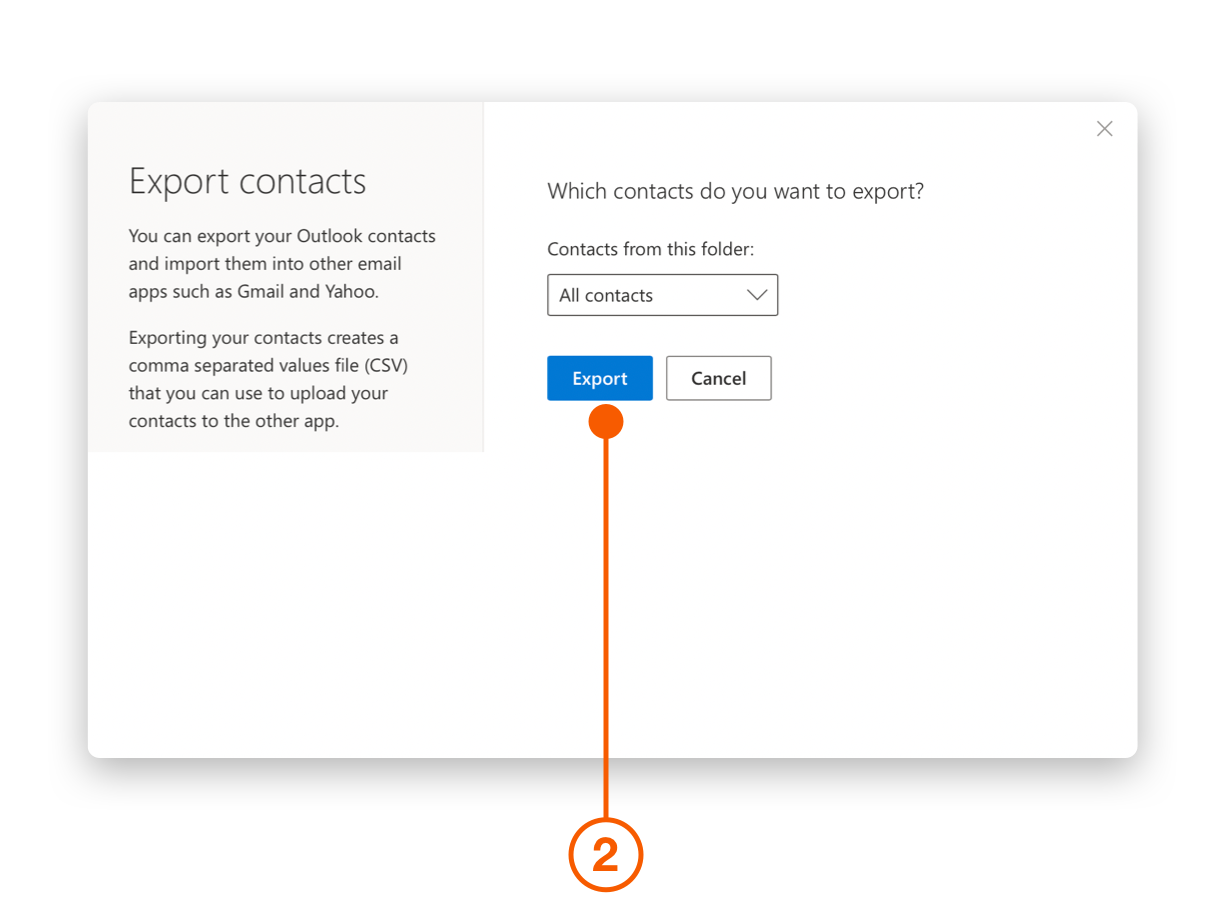 Outlook Contacts dialog showing export options
