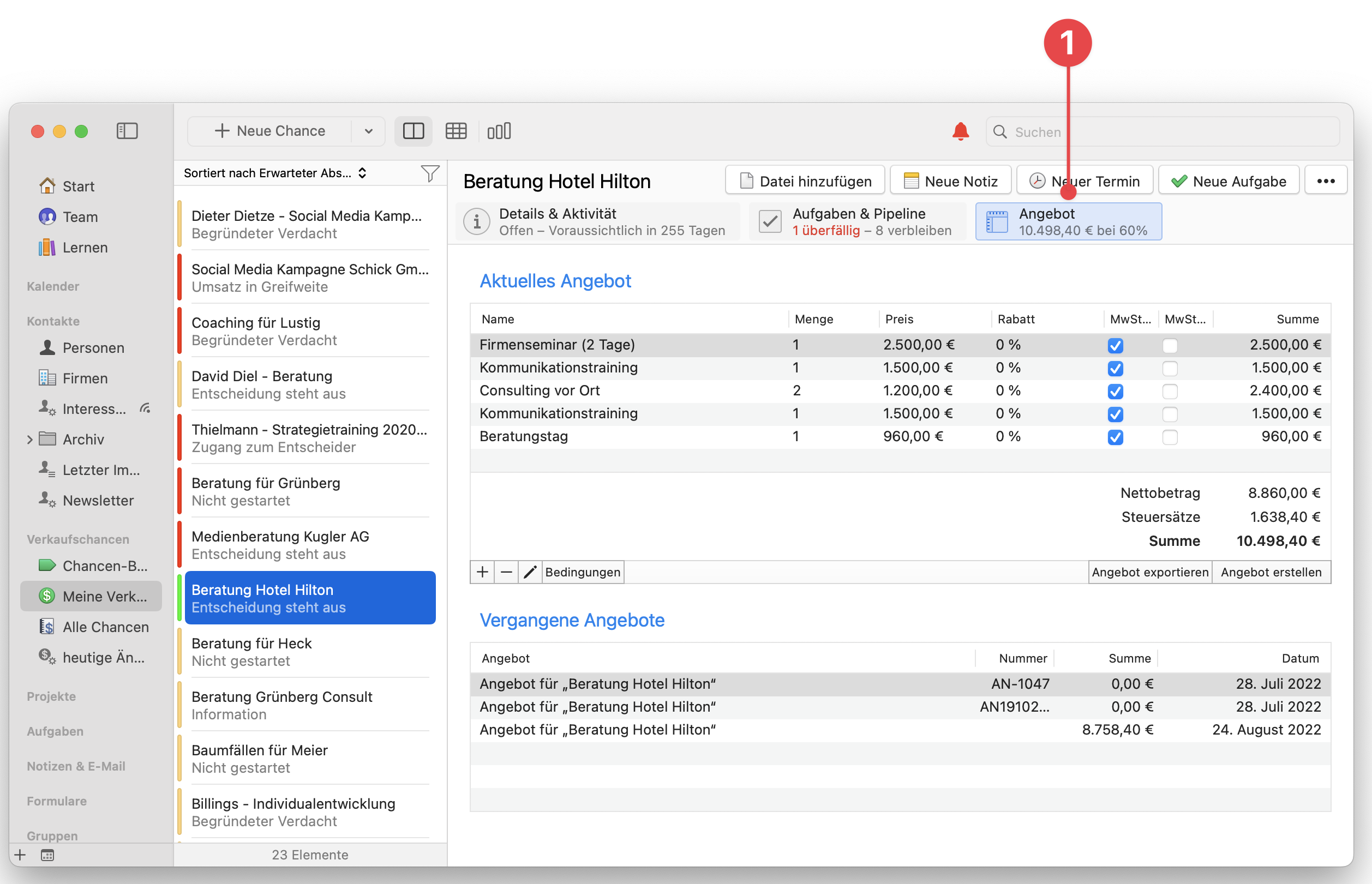 Opportunity screen selecting Estimate tab