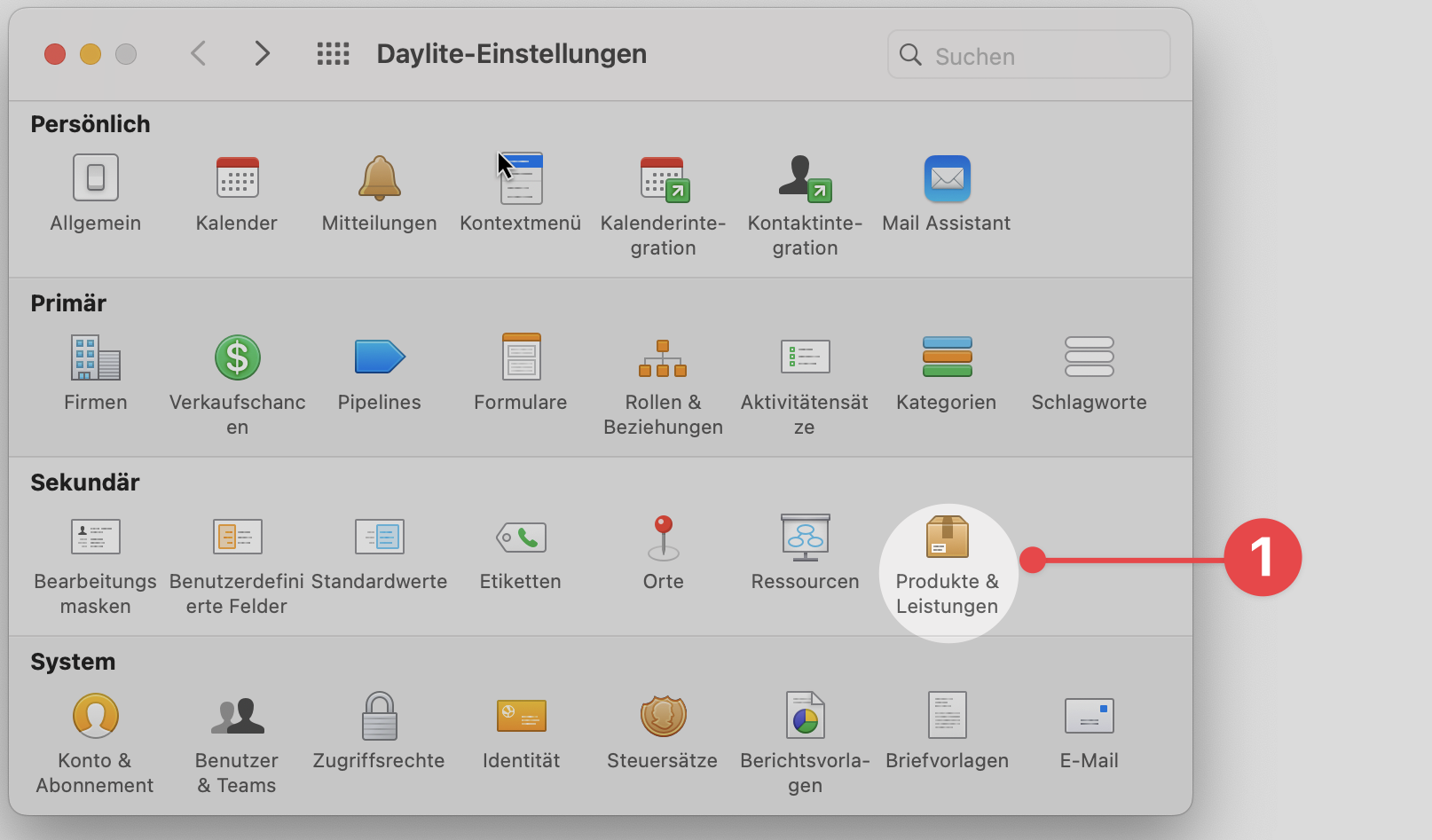 Daylite Preferences screen selecting Products and Services
