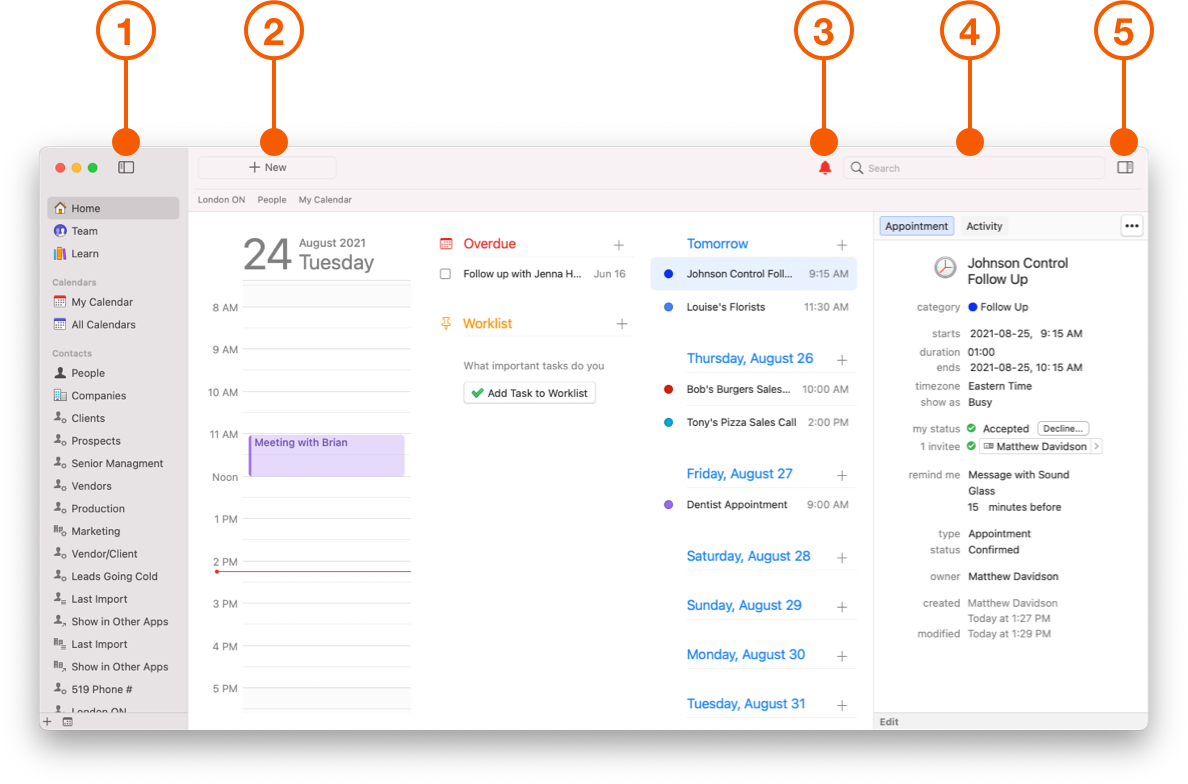 Daylite Home Screen showing Toolbar and Quick Search
