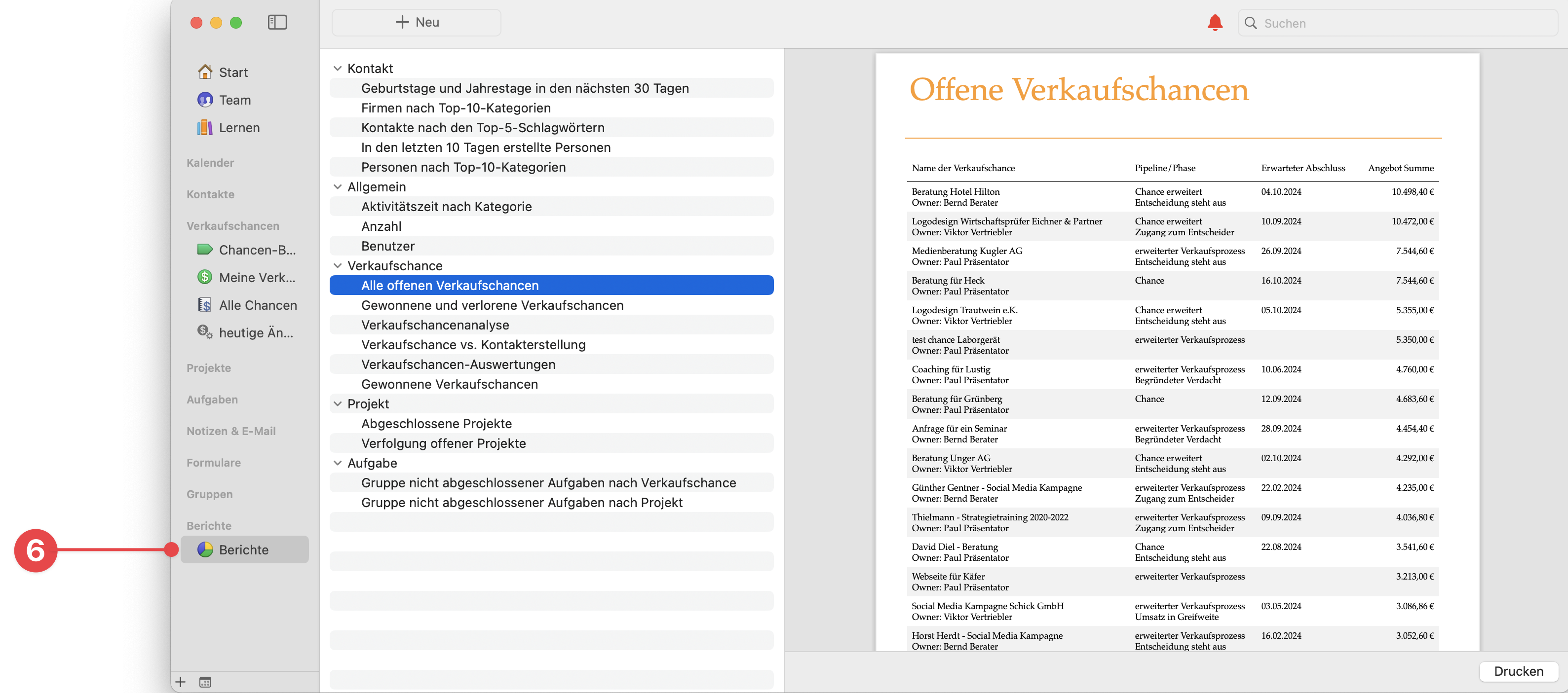 Daylite Sidebar showing Reports
