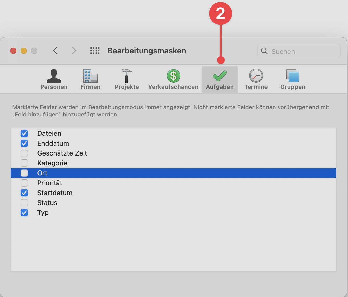 Edit Cards preferences selecting Tasks