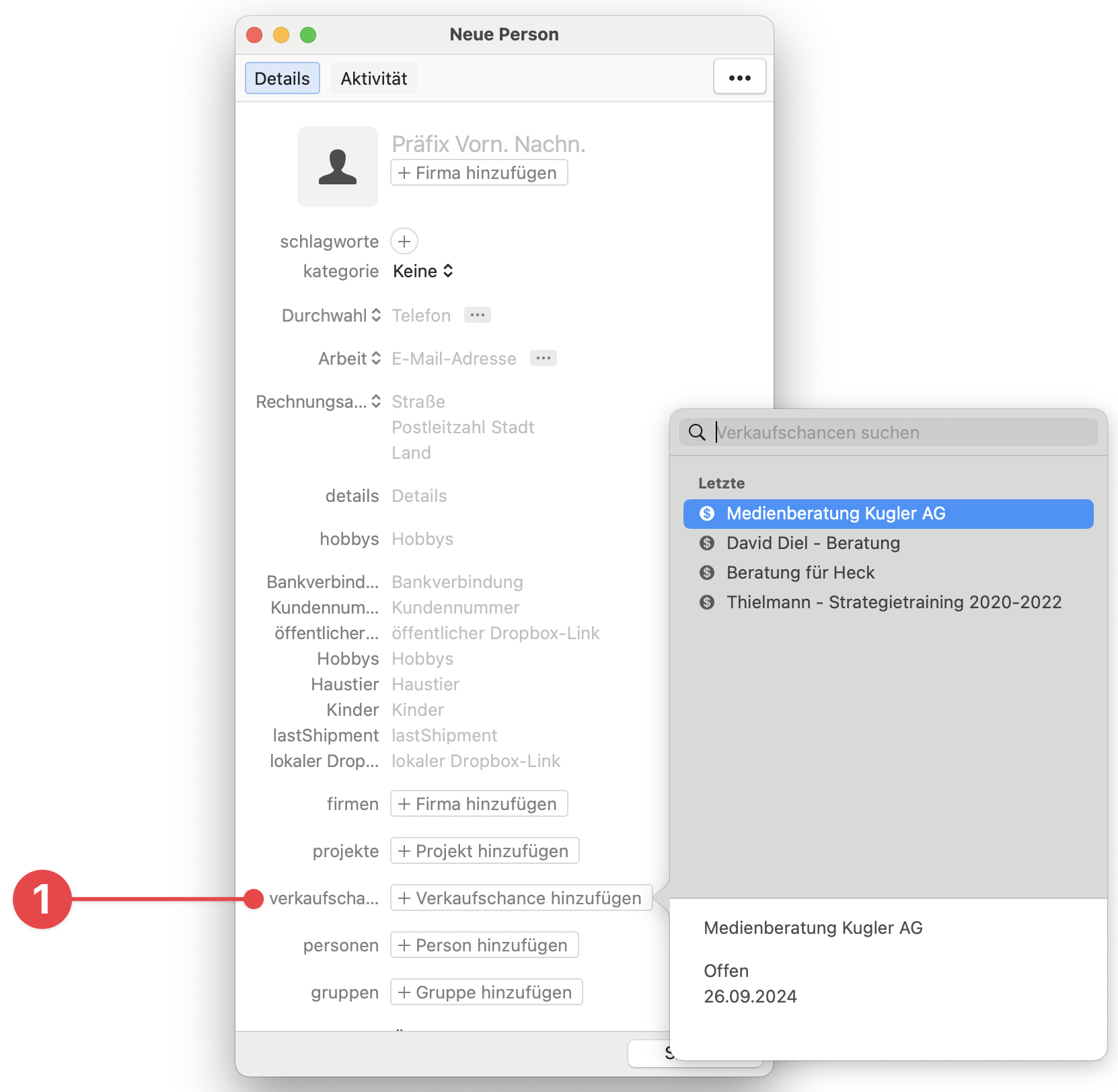New Person window showing Add Opportunity button