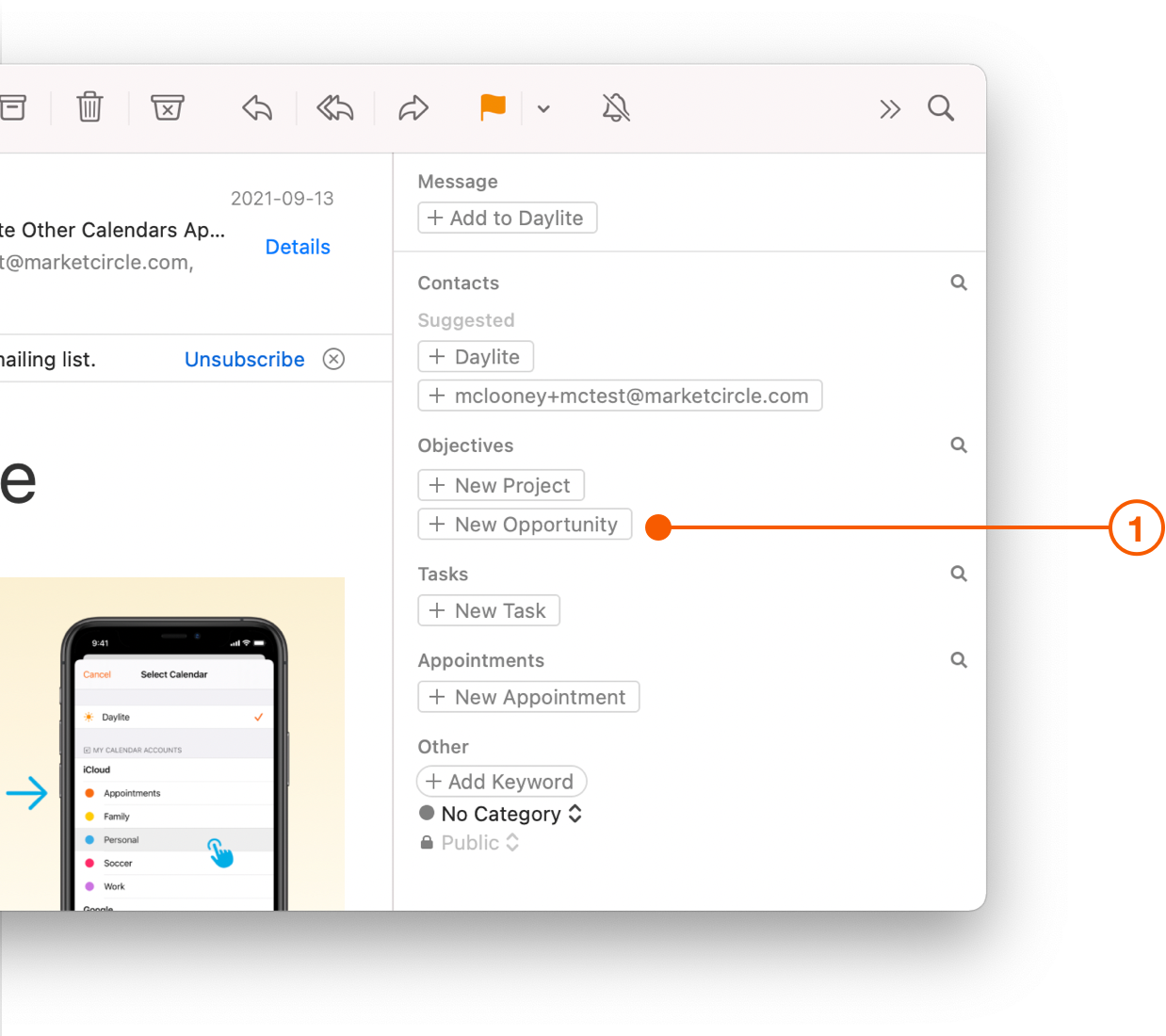 Daylite Mail Assistant showing New Opportunity button