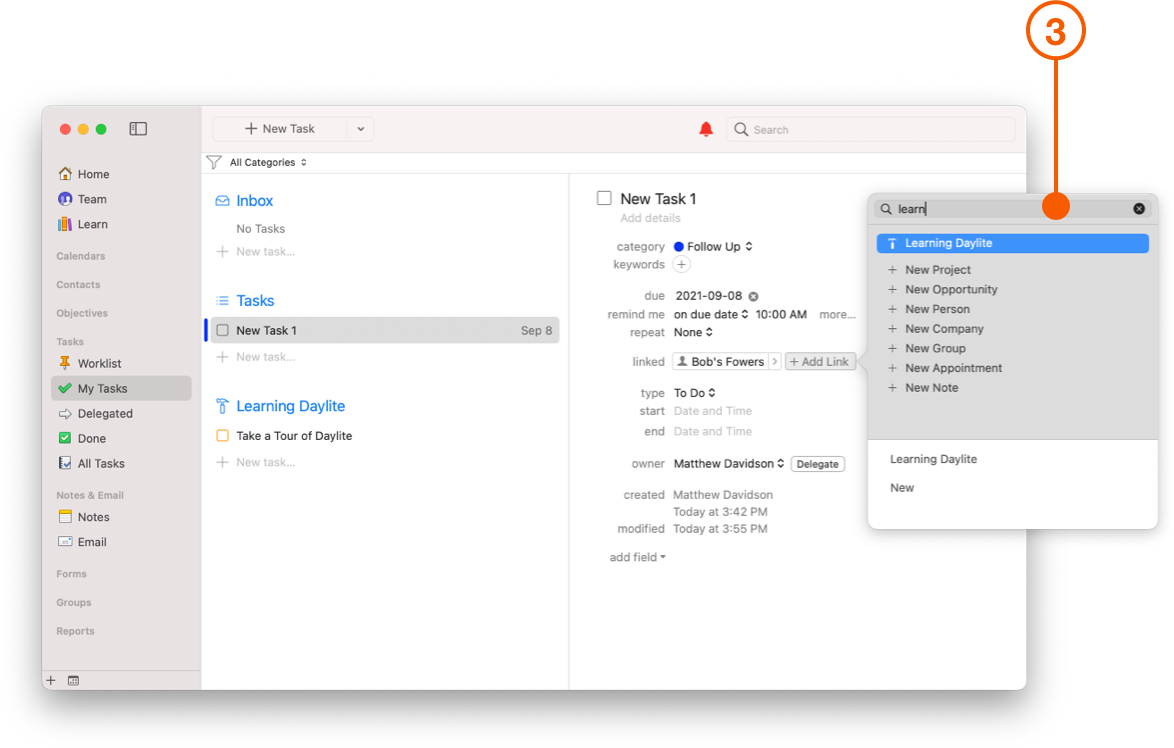 Task details view adding a link to an existing Project
