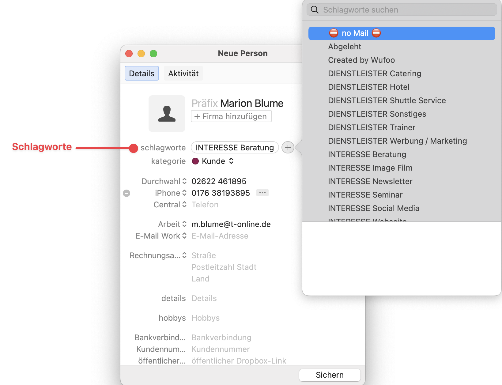New Person window showing Keywords
