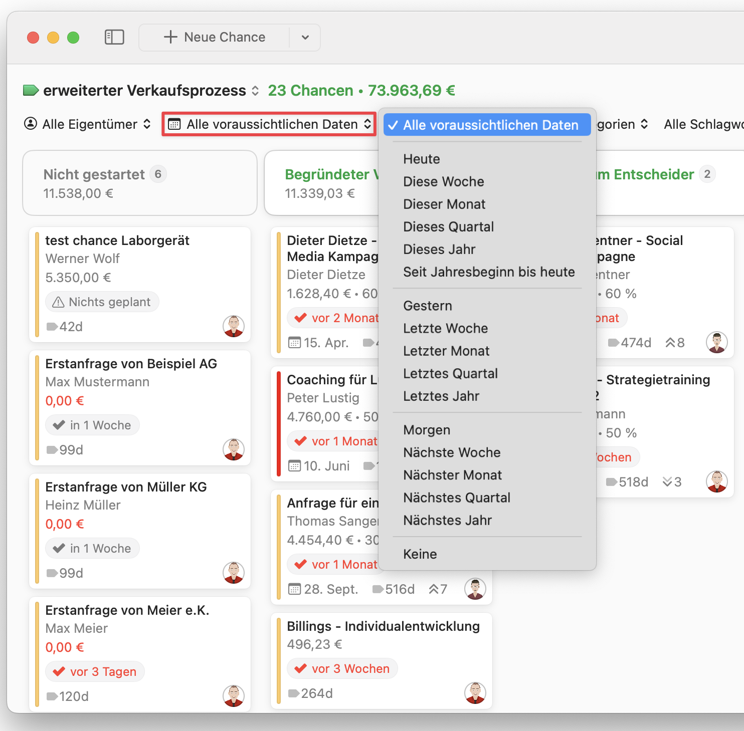 Opportunities Board showing forecasted close filter