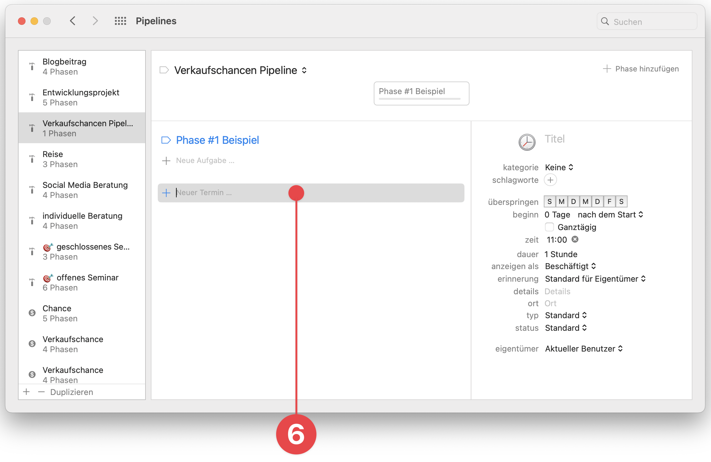 Pipelines Preferences window selecting New Appointment