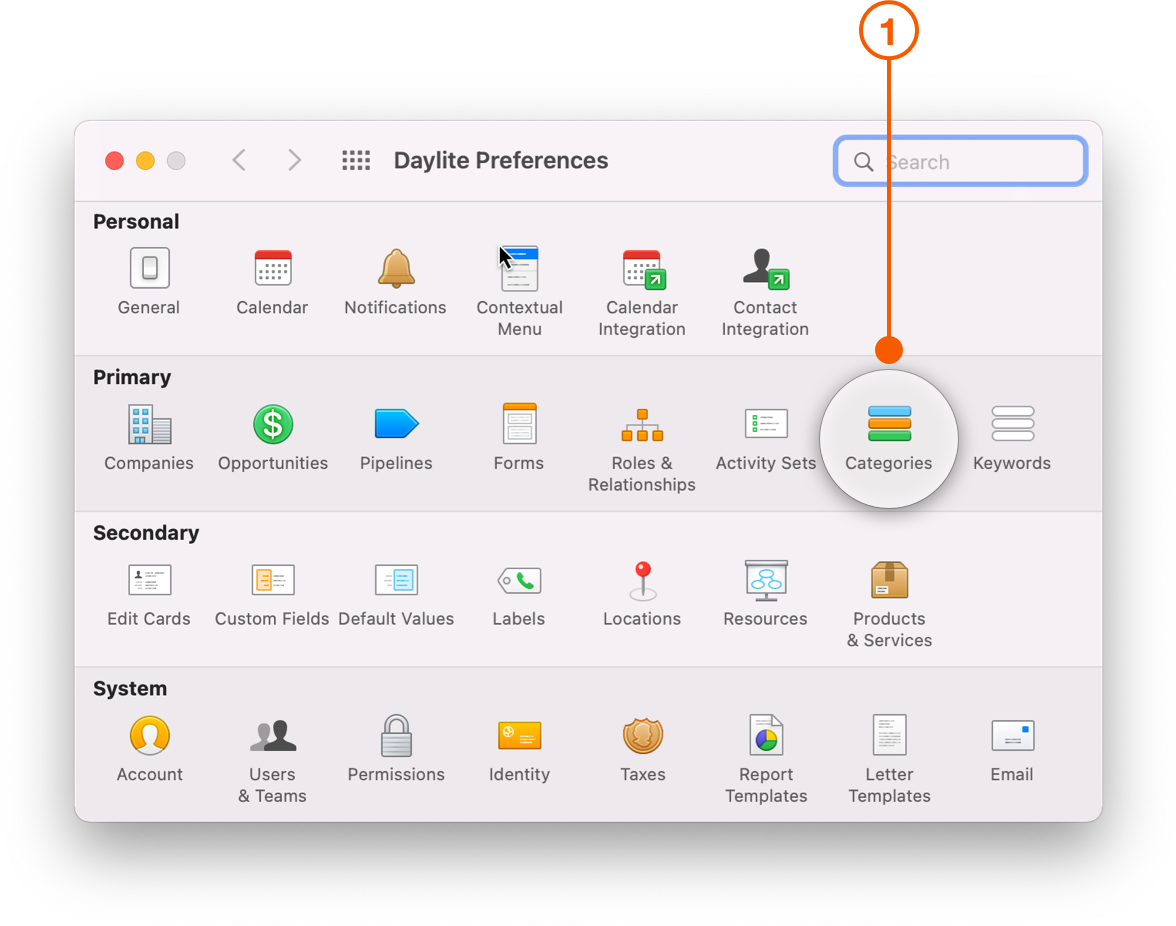 Daylite Preferences window selecting Categories