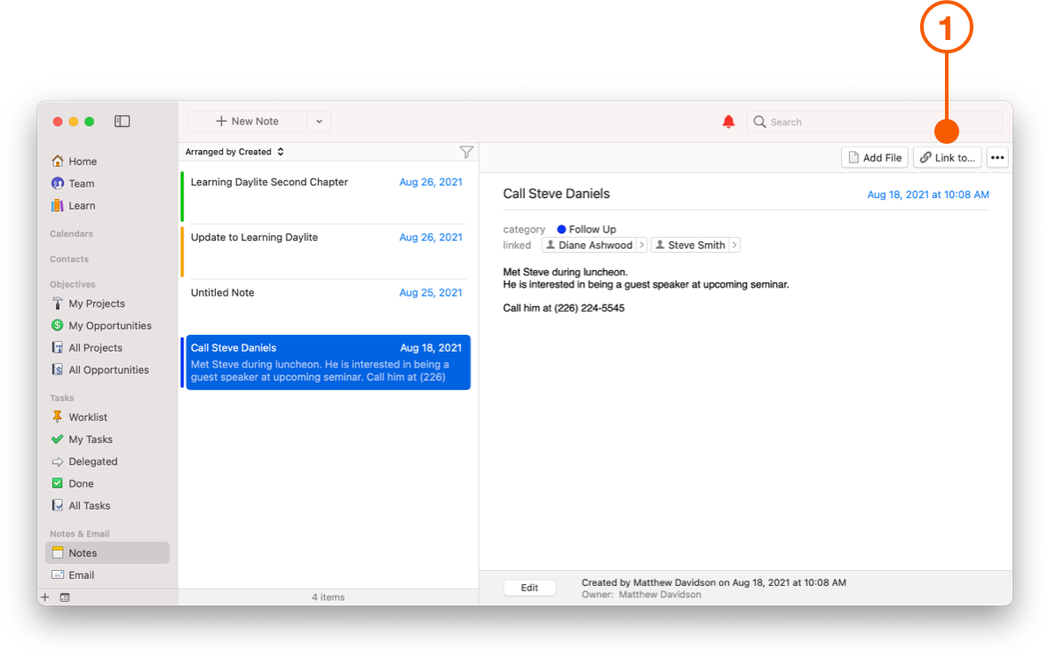 Note view showing Link To button