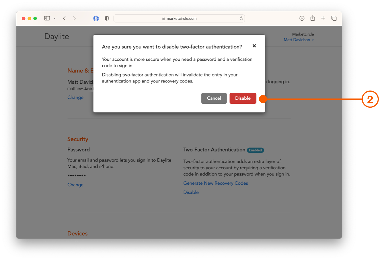 Daylite account showing disable confirmation