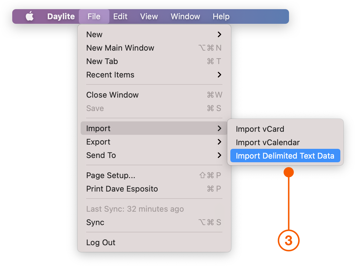 Daylite menu selecting Import Delimited Text Data