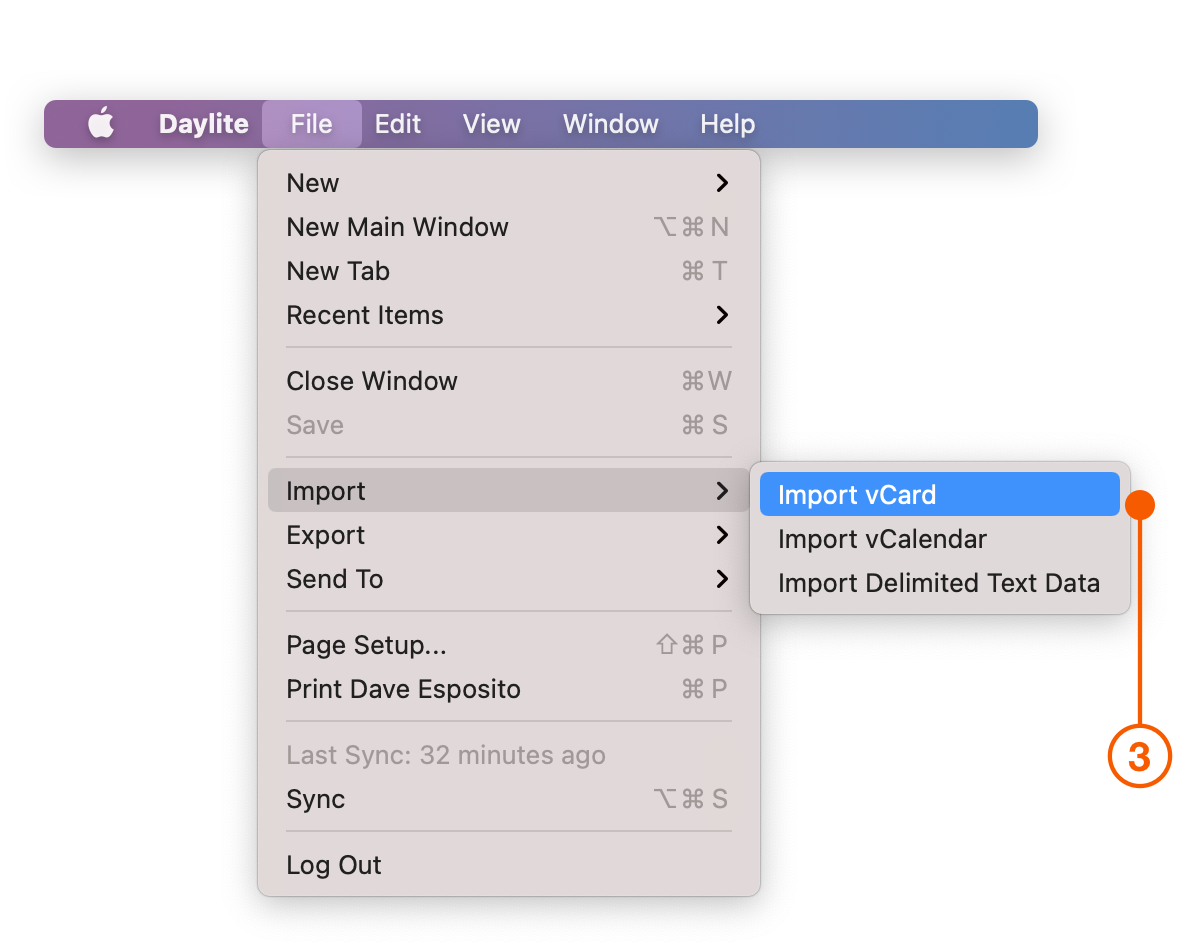Daylite menu selecting Import vCard