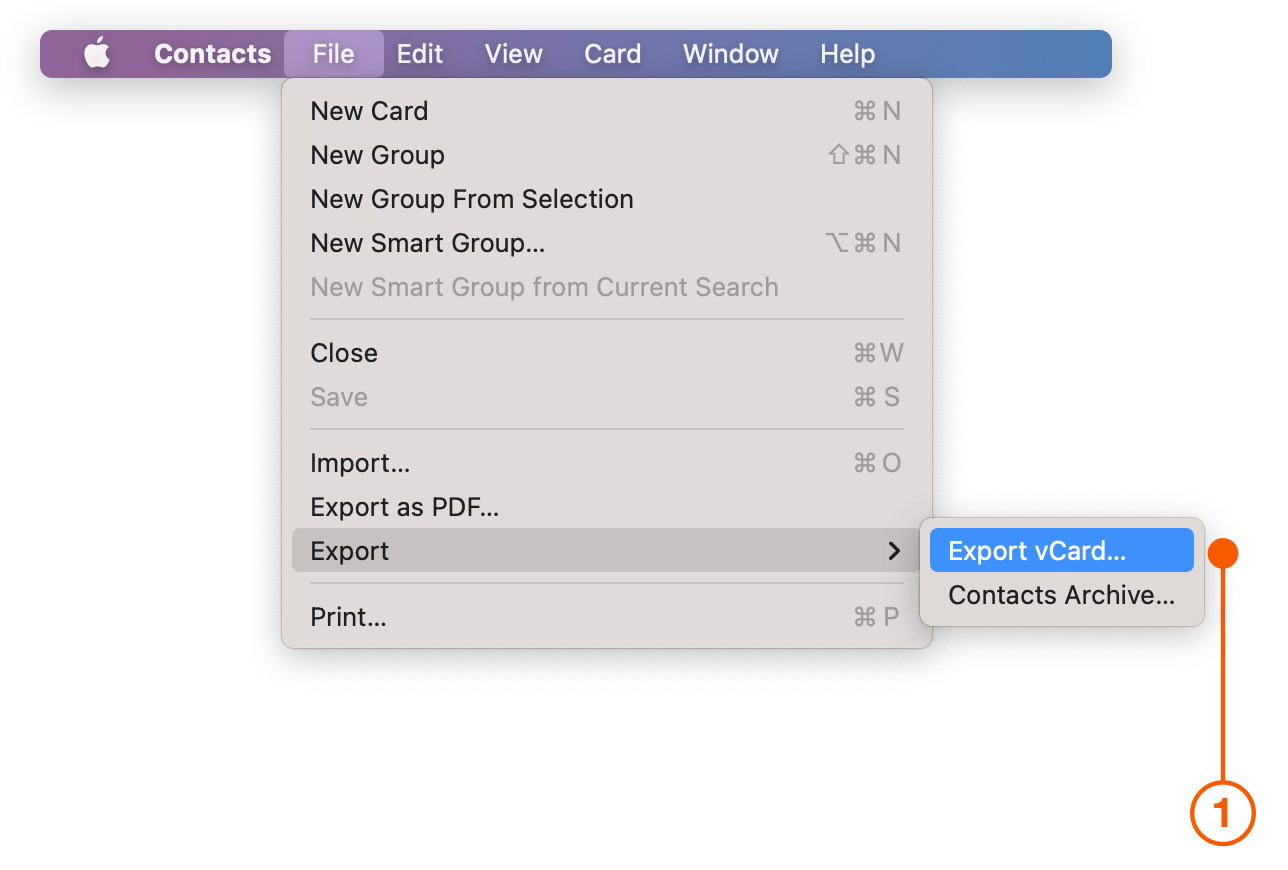 Apple Contacts menu selecting Export vCard