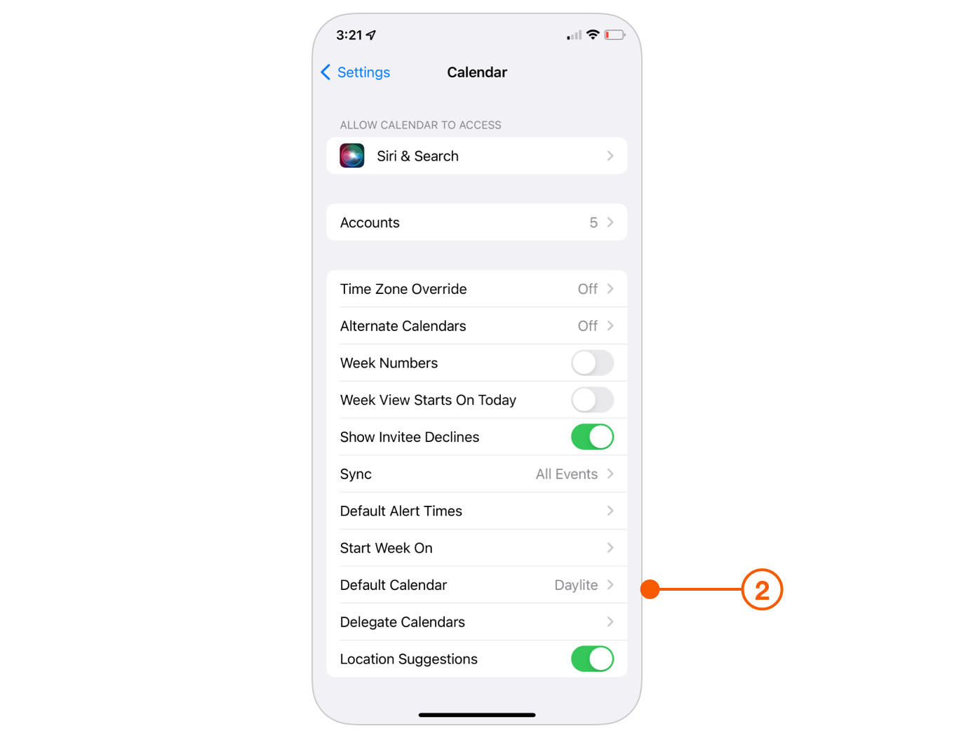 iOS Calendar Settings showing Default Calendar