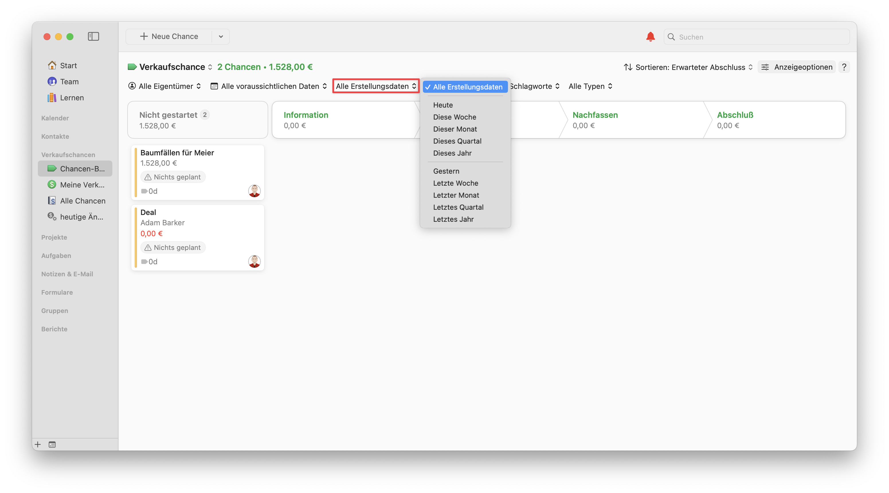 Opportunites Board showing filter by create date