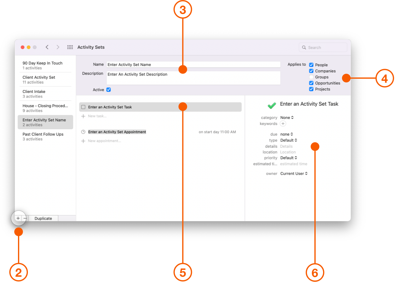 New Activity Sets screen