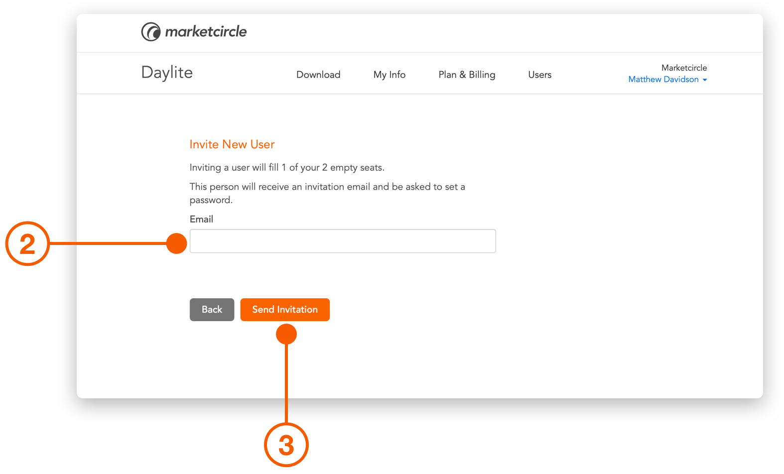 Account Manager window showing Send Invitation email field