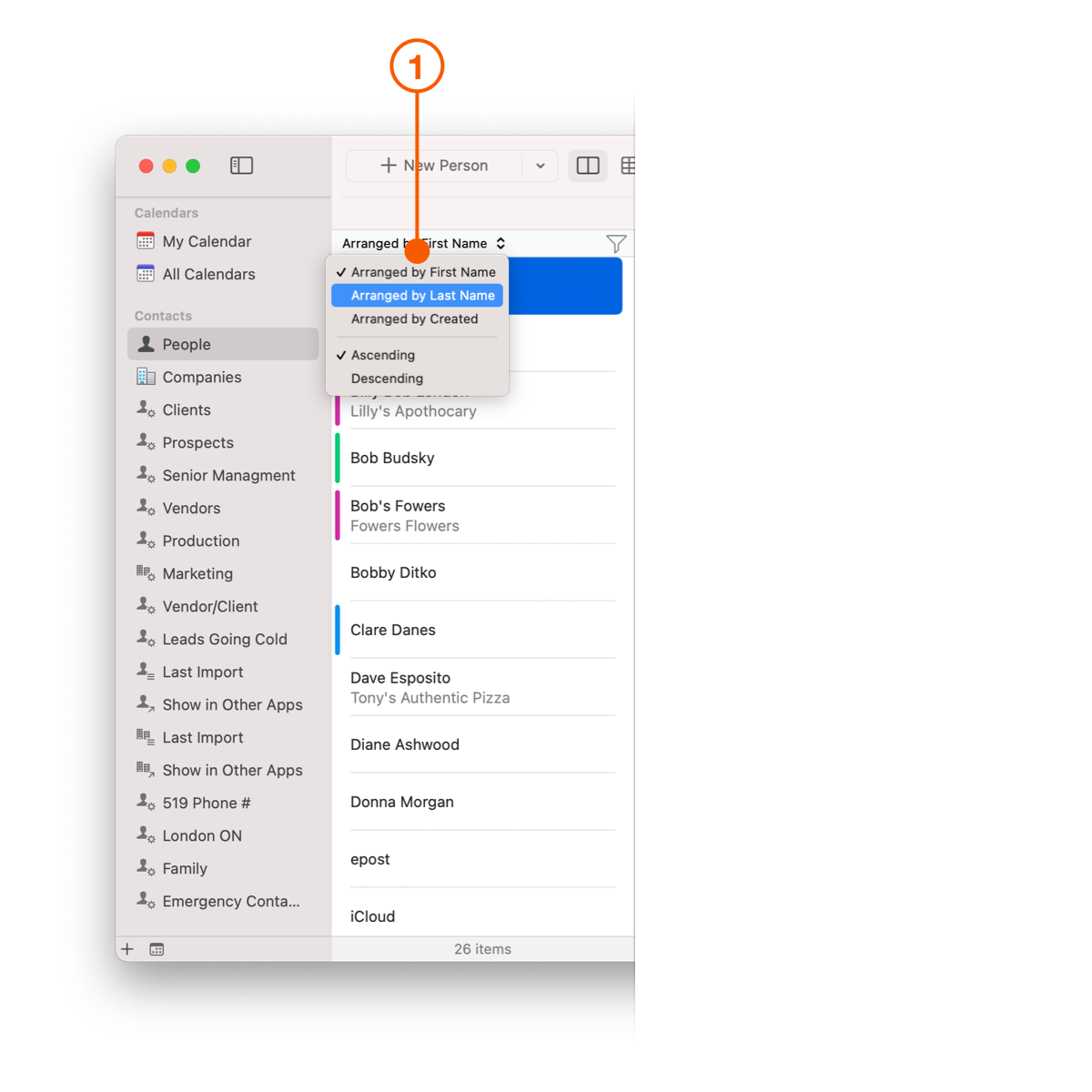 Daylite Contacts screen showing Sort options
