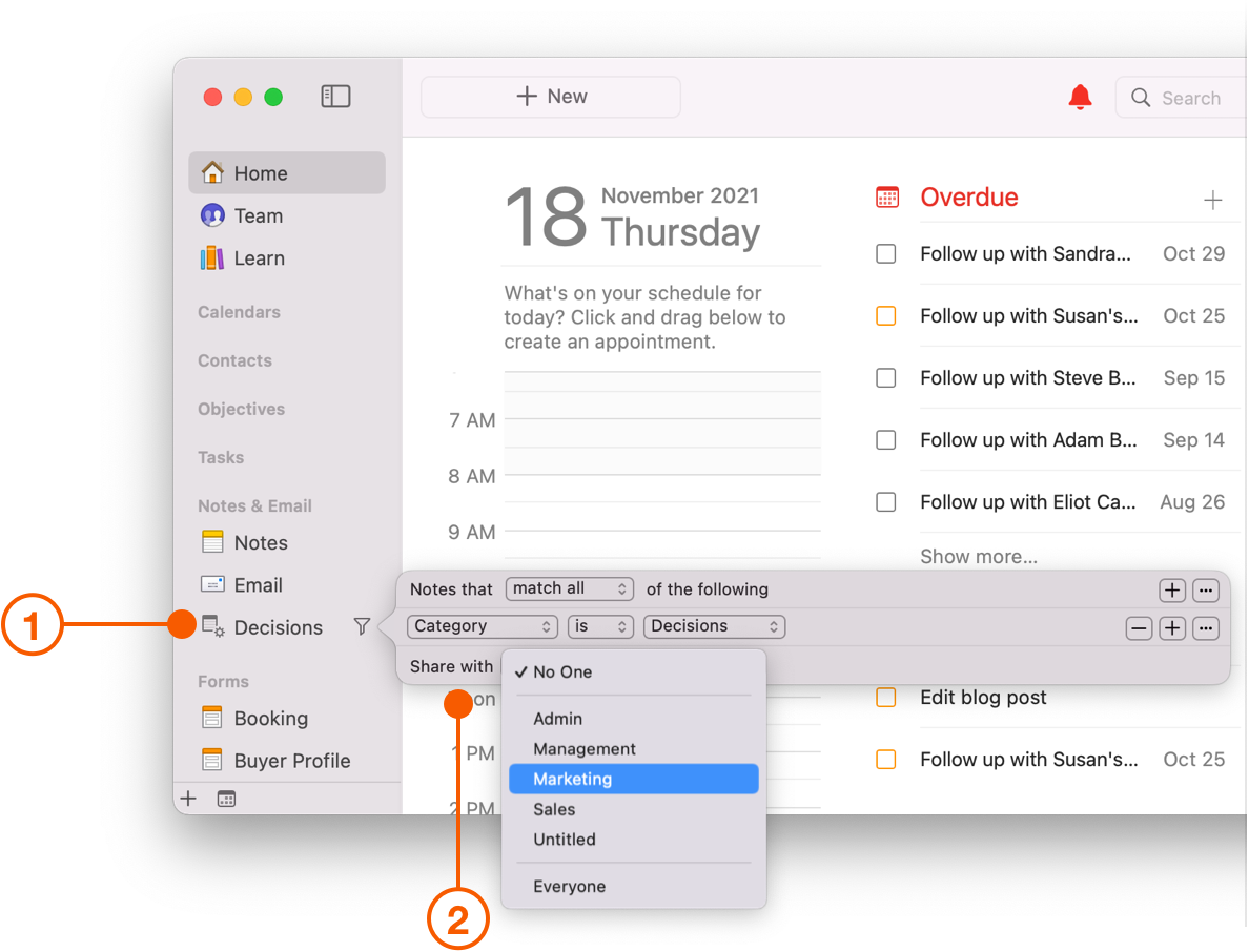 Daylite Sidebar showing filter options