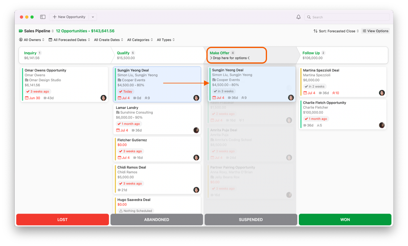 Opportunites Board showing drop here for options