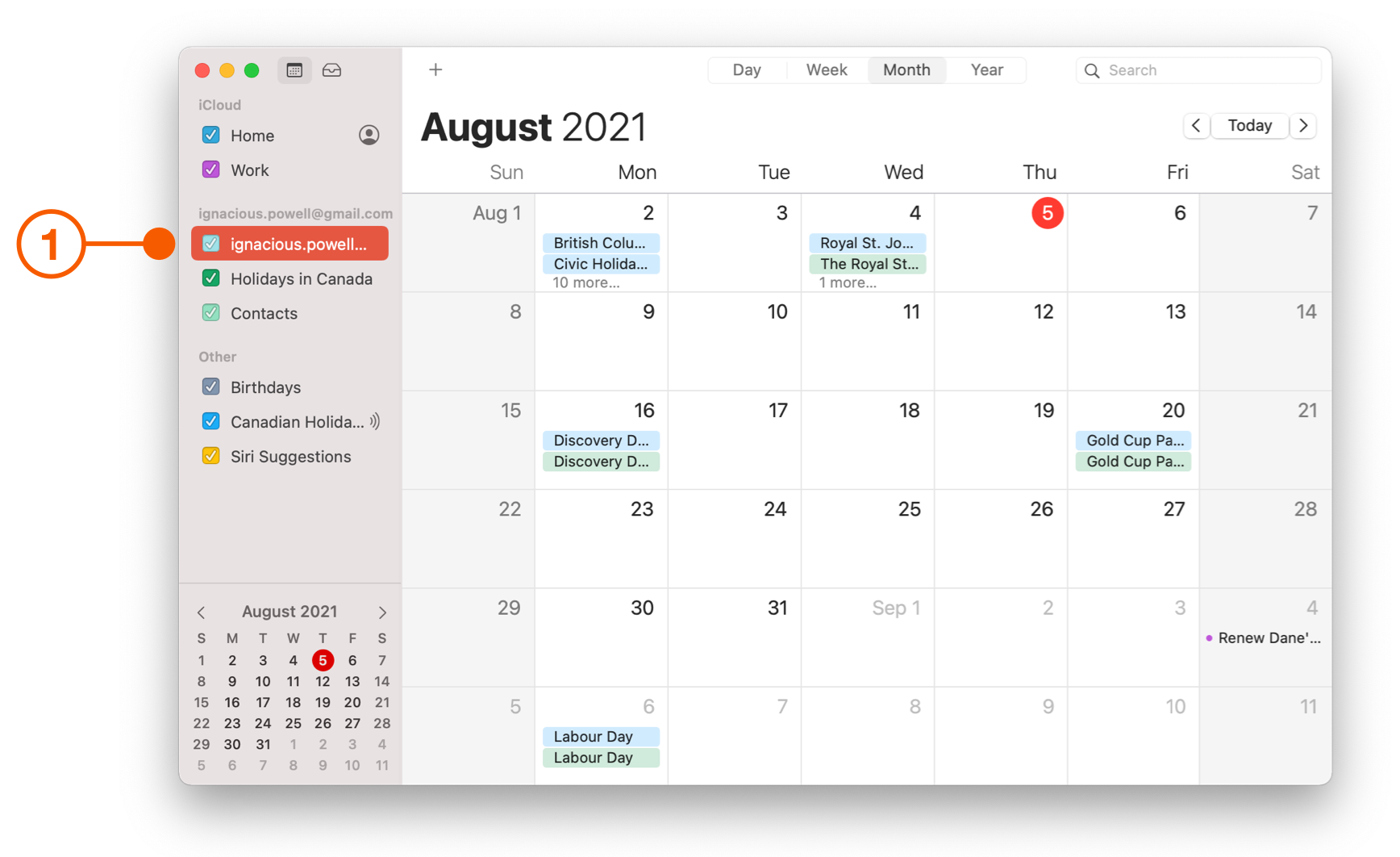 Apple Calendar showing Sidebar