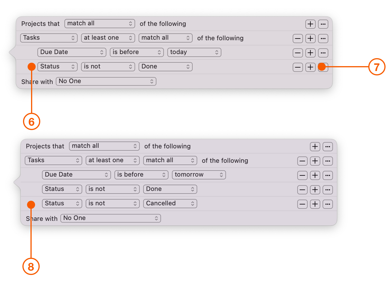 Filter menu selecting Status