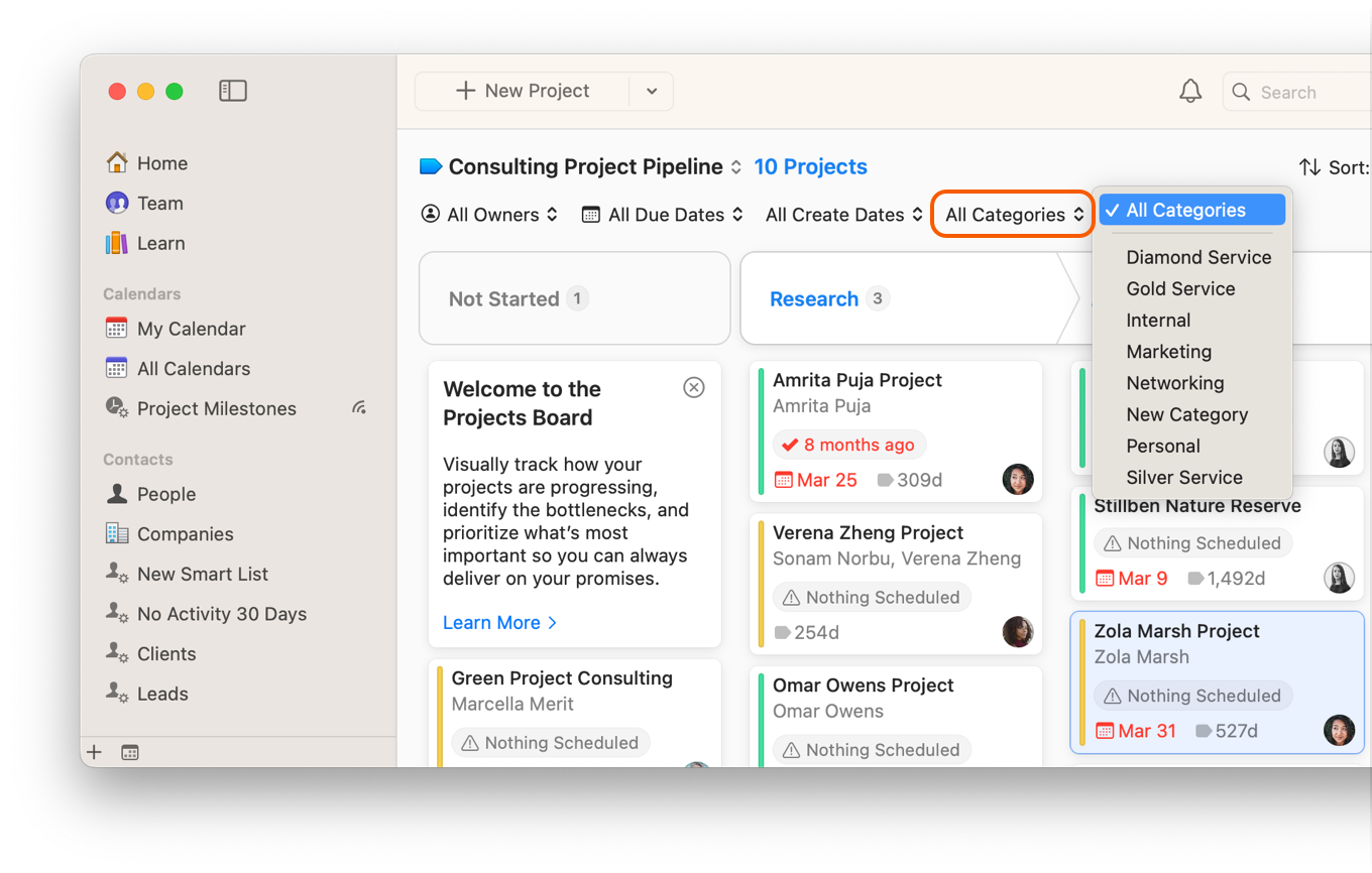 Projects Board showing filter by categories