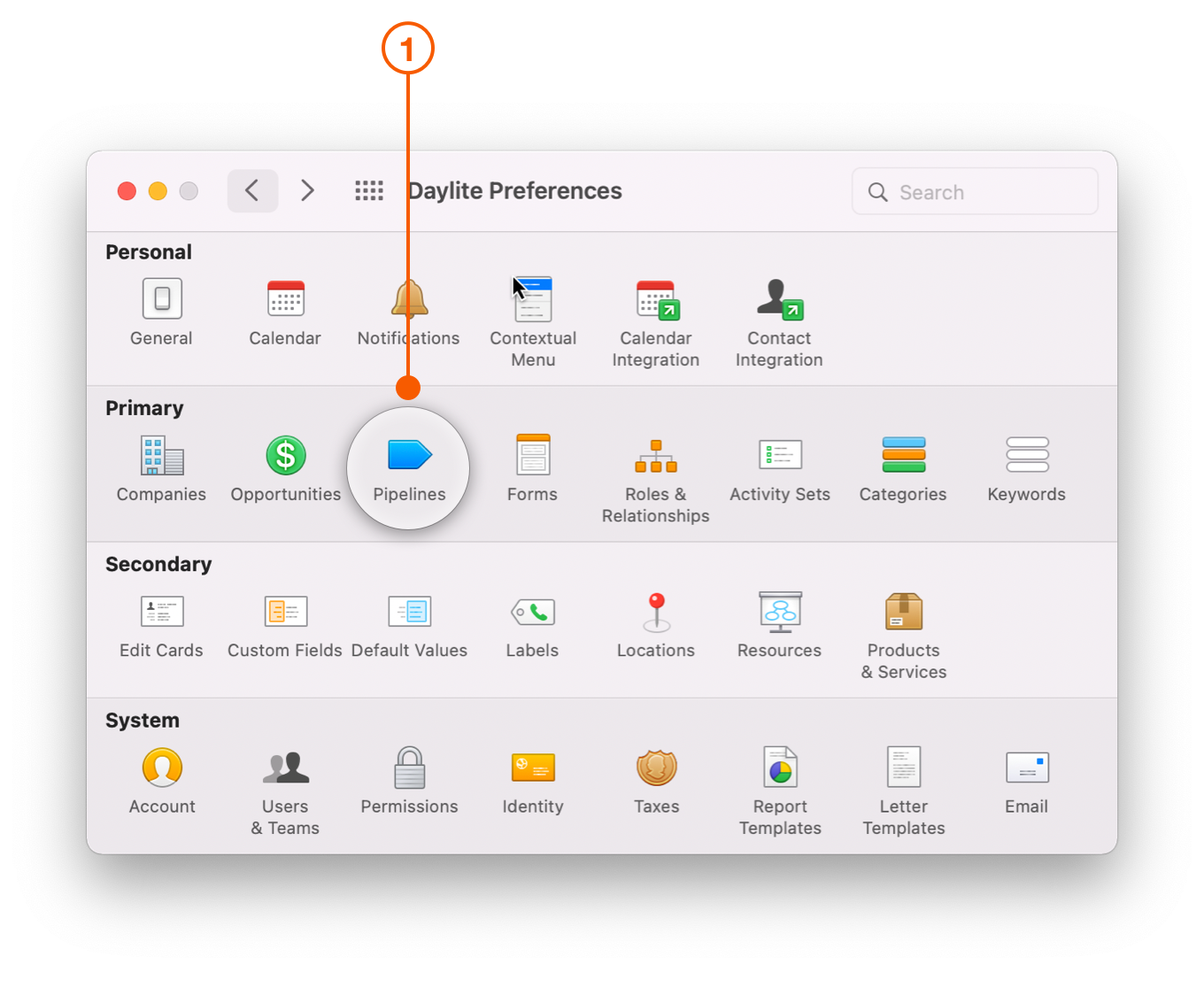 Daylite Preferences Screen selecting Pipelines