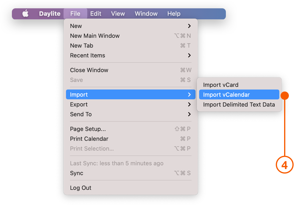 Daylite menu selecting Import vCalendar