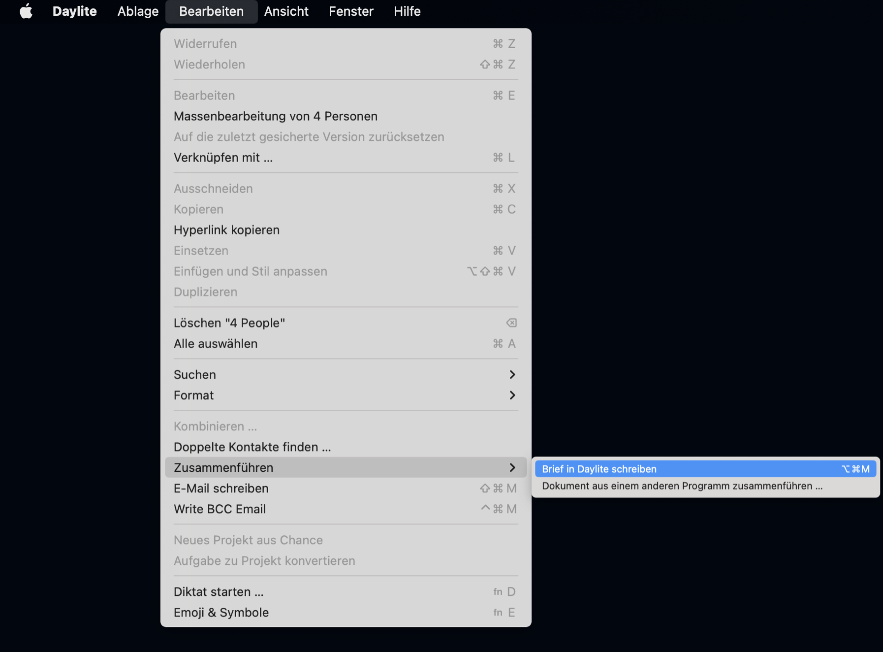 Daylite Menu selecting Write Letter in Daylite