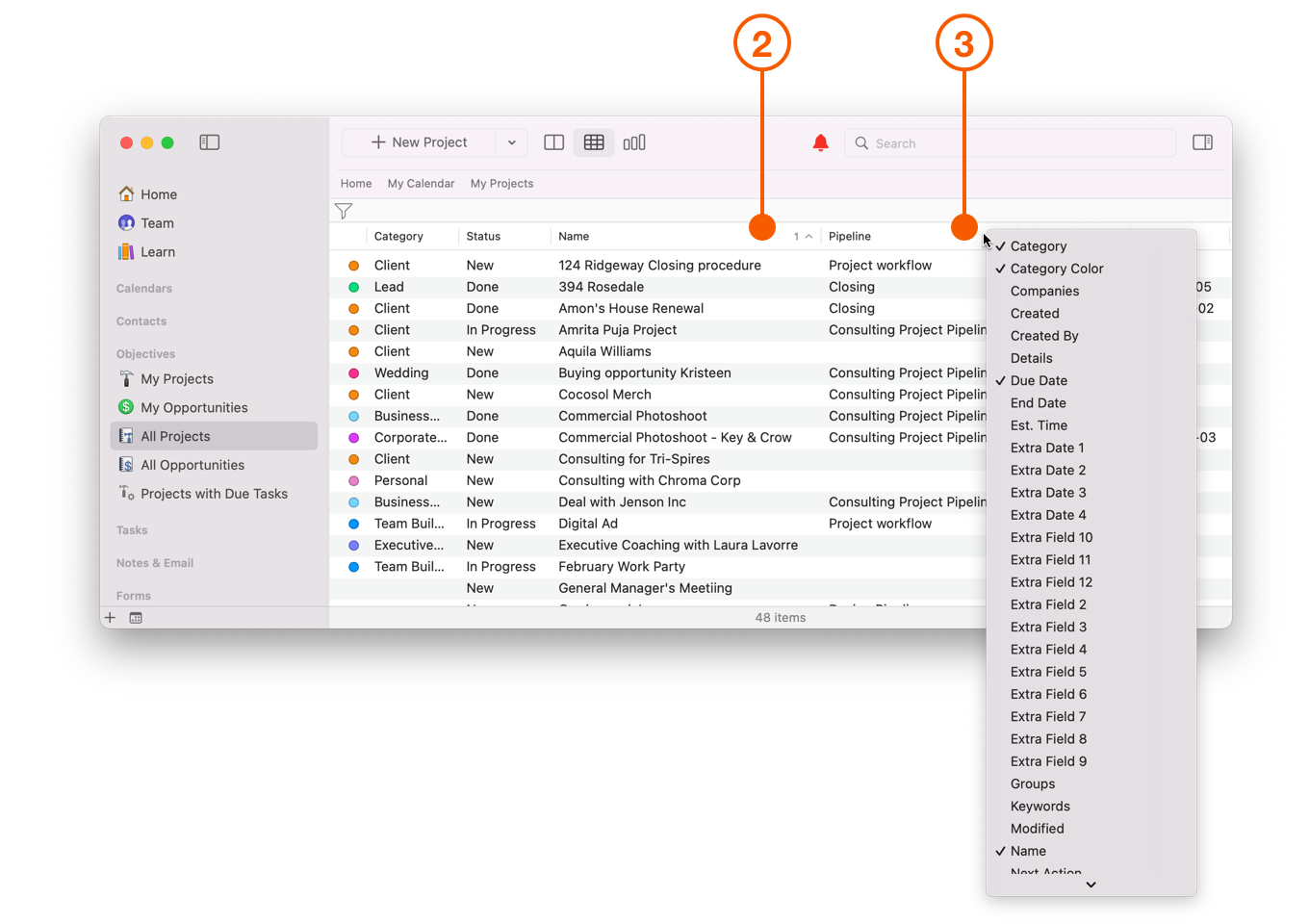 Multi-Column List View showing Column Menu