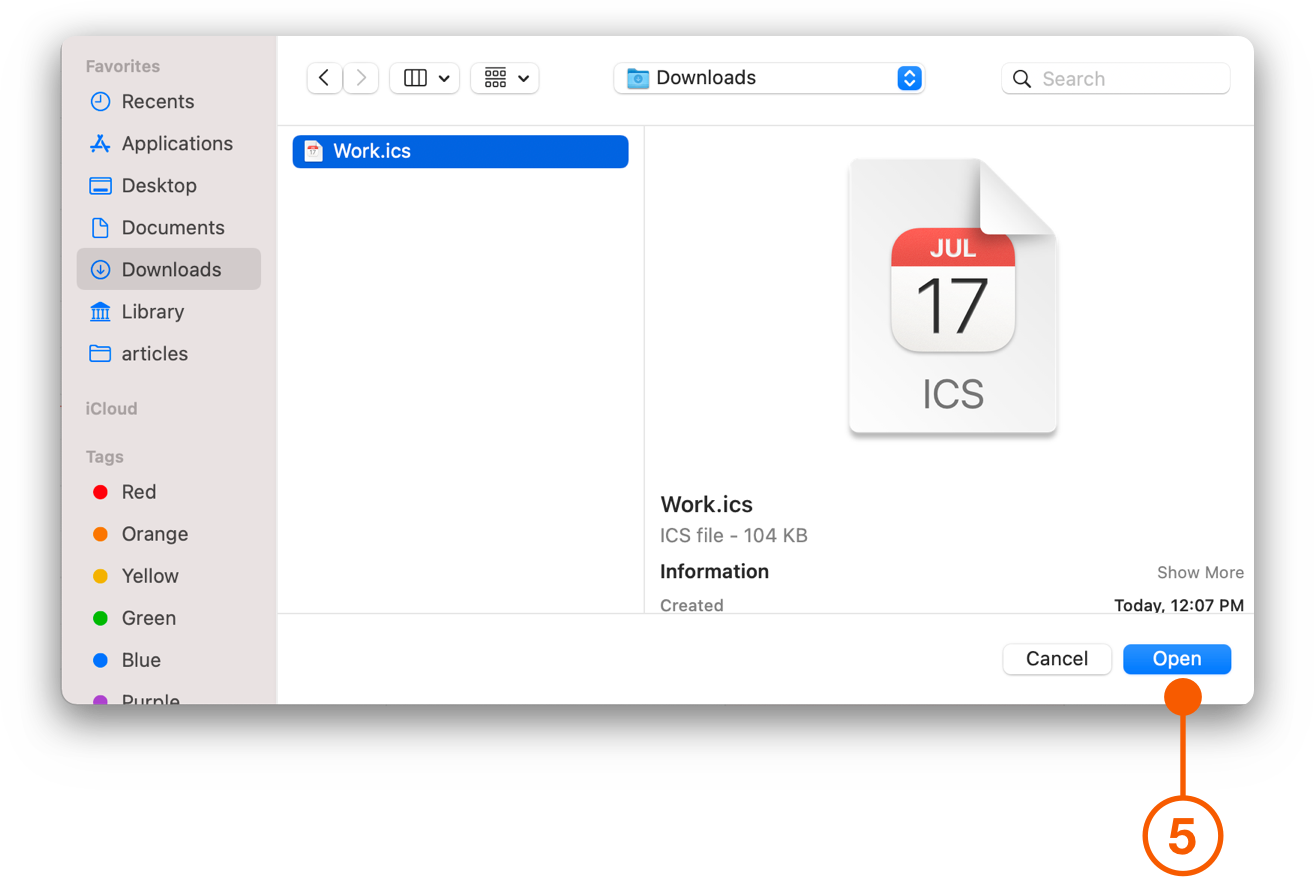 Open dialog selecting file in Downloads folder