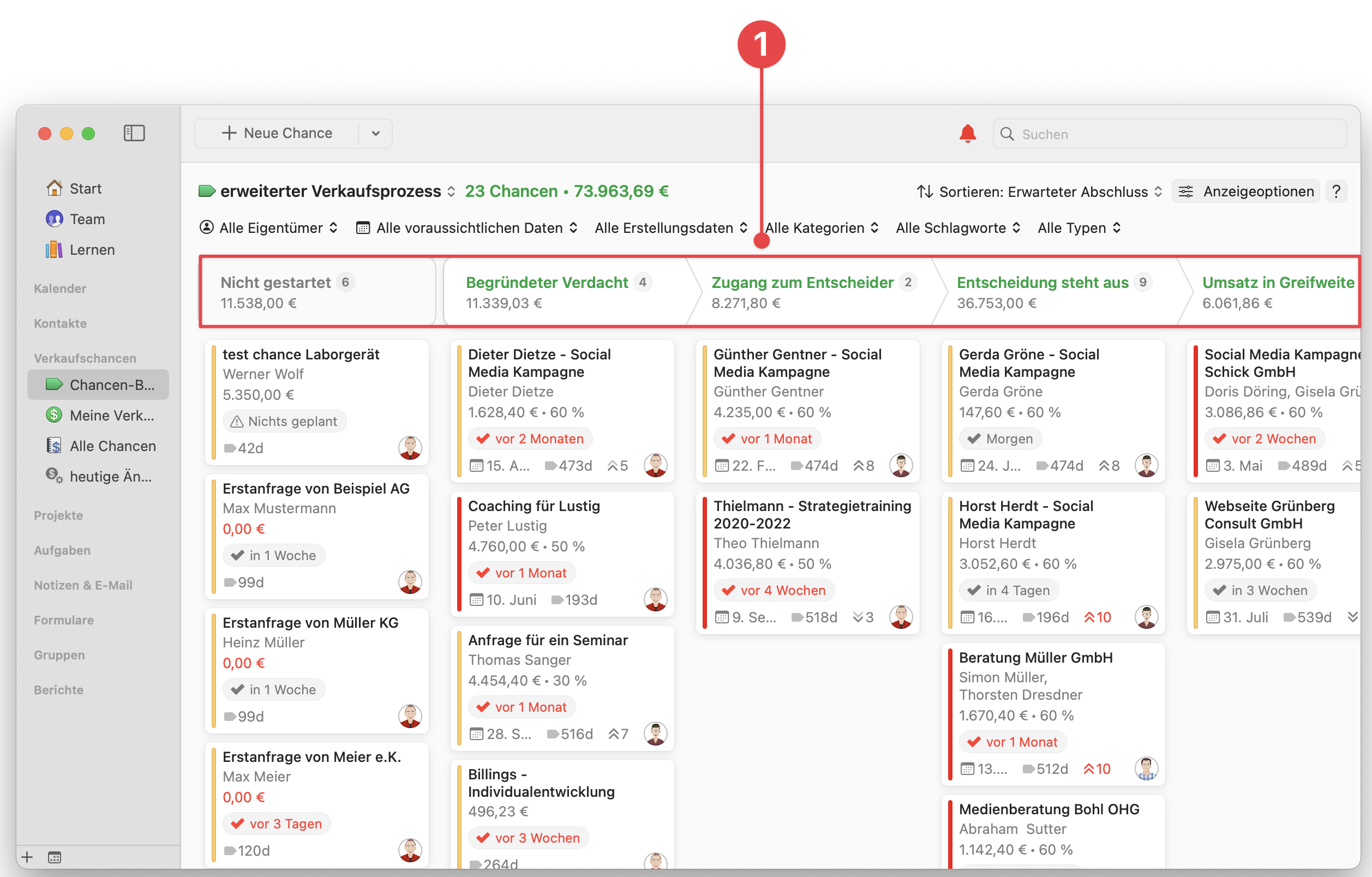 Opportunities Board showing Stages